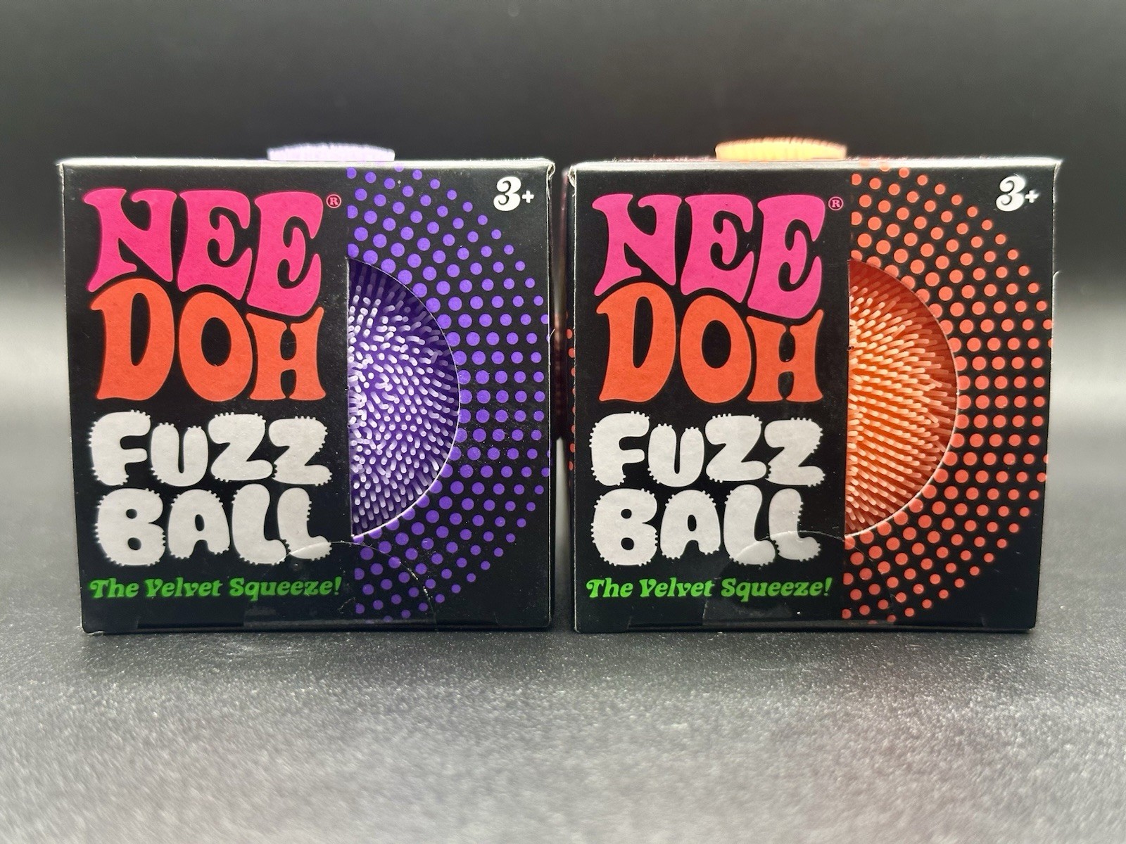 LOT OF 2: Nee Doh Needoh FUZZ BALL Velvet Squeeze Fuzzball NEW Orange & Purple