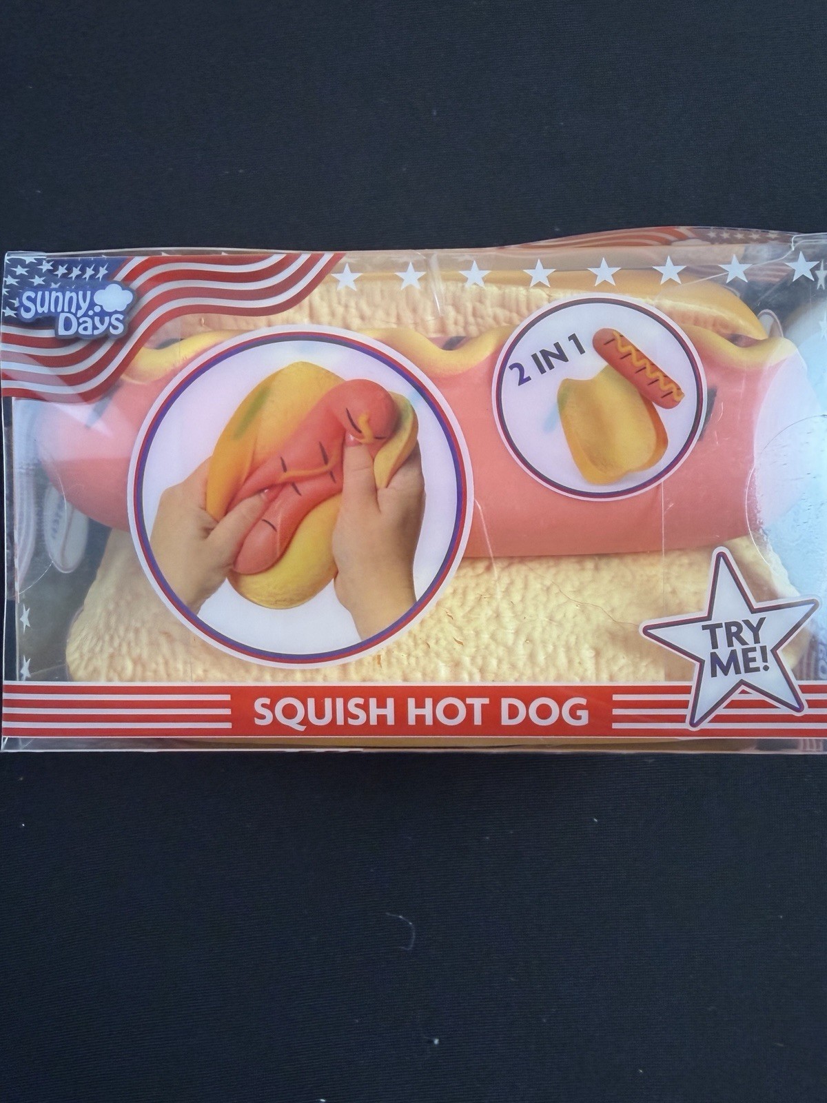 Squishy Hot Dog Squeezy Fidget Toy Sunny Days 2-in-1 Hotdog Stress Relief NEW