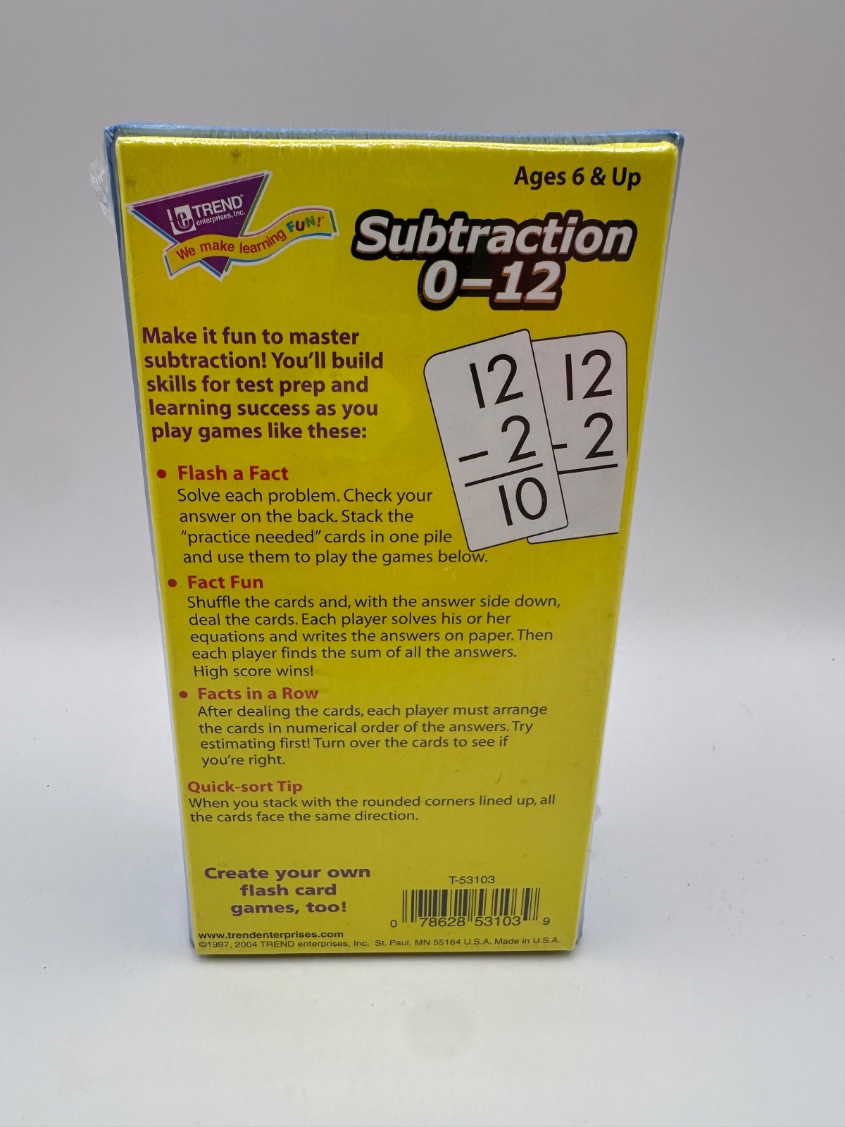 NEW Unopened Trend Enterprises Subtraction Flash Cards 0-12 91 Cards 6+
