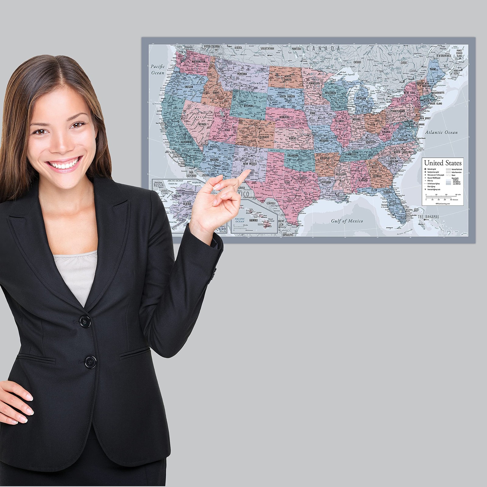 2 Pack – World Map Poster & USA Map Chart [Purple] (LAMINATED, 18″ x 29″)