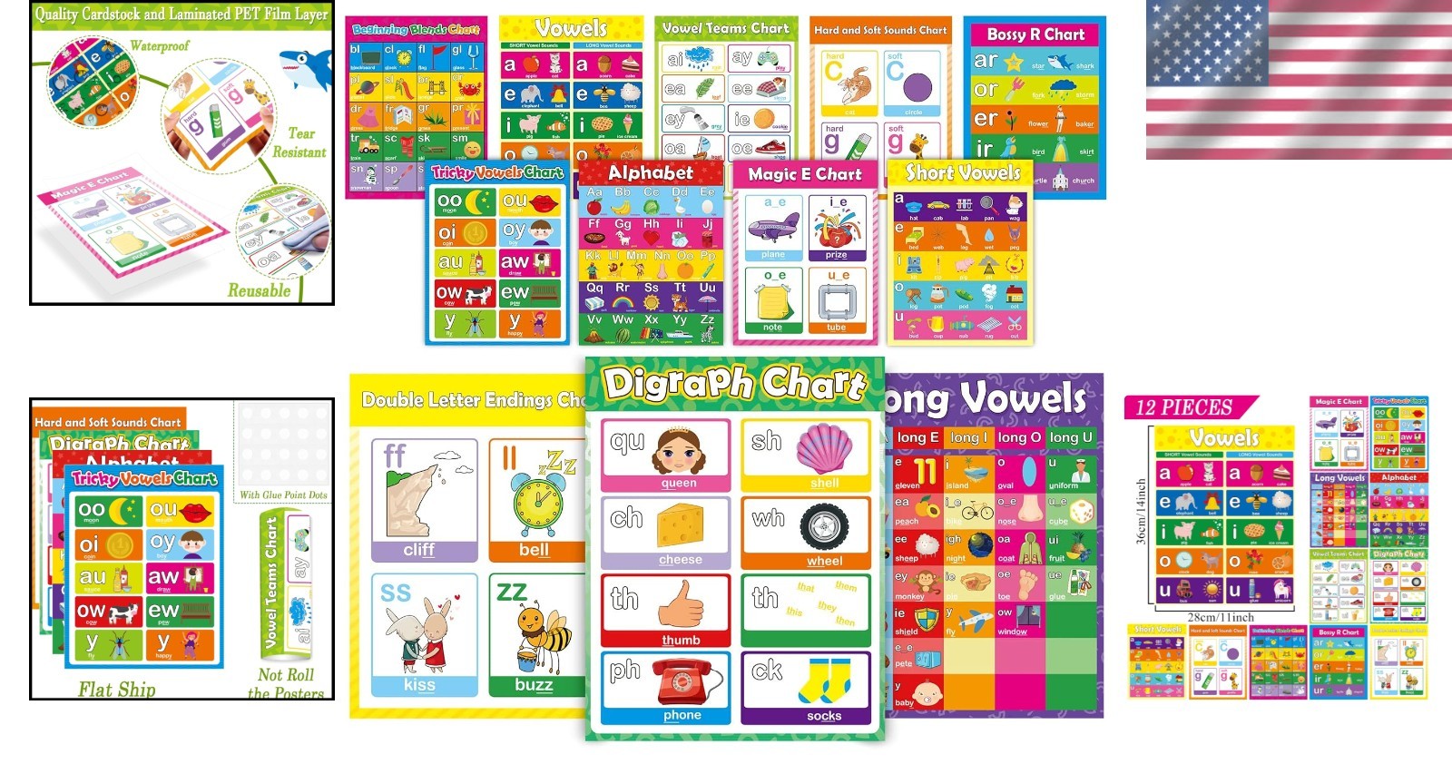 12 Vibrant Phonics Posters for Language Learning – Decorative Wall Charts