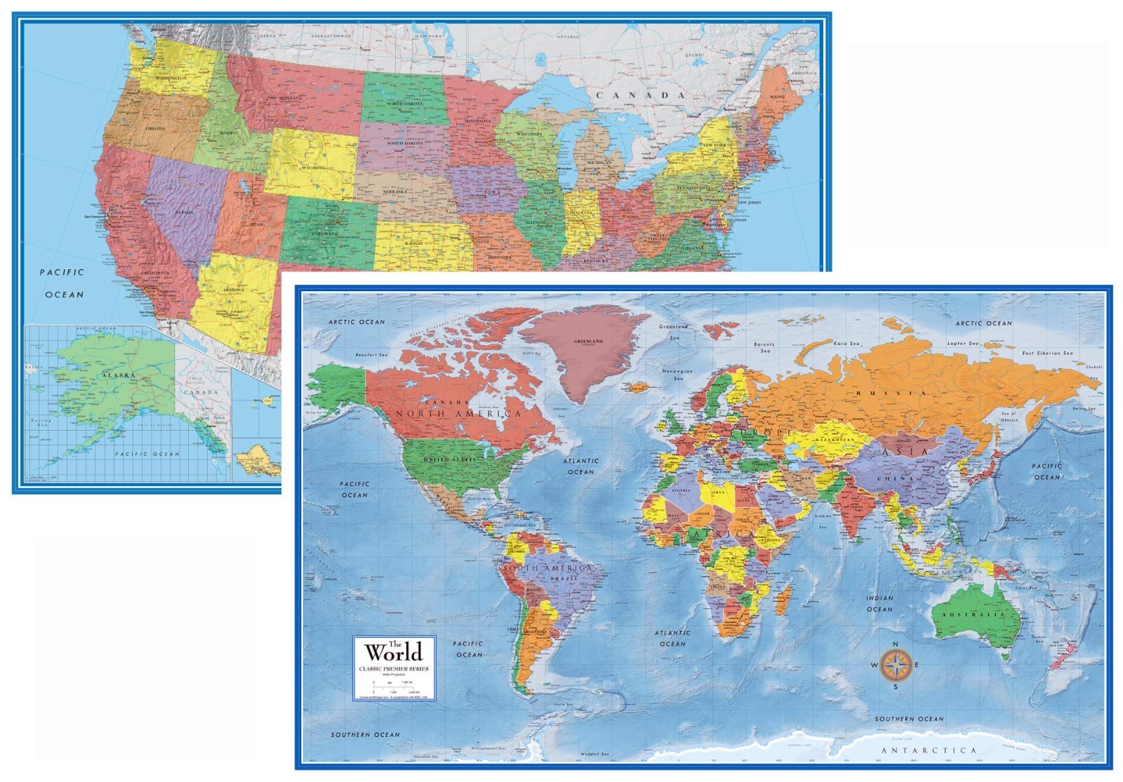 24×36 Classic 3D World & USA Wall Map Set – Laminated Educational Decor