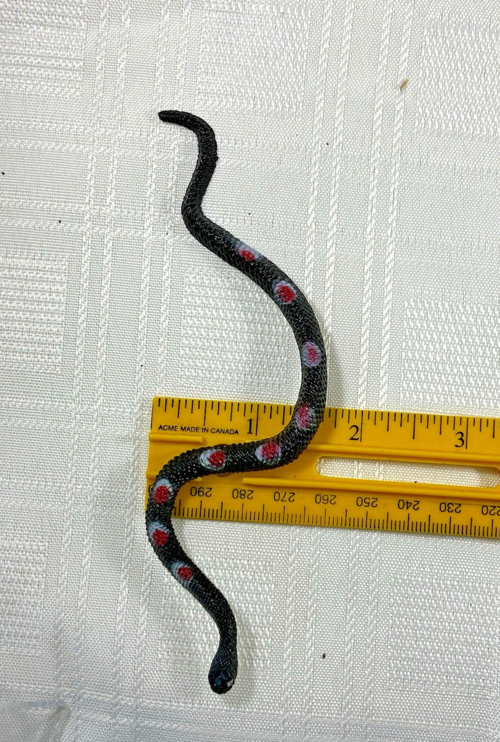 Plastic Toy Snakes Lot of 2 Black w/ Red Spots & Green/Yellow Approx 6 in