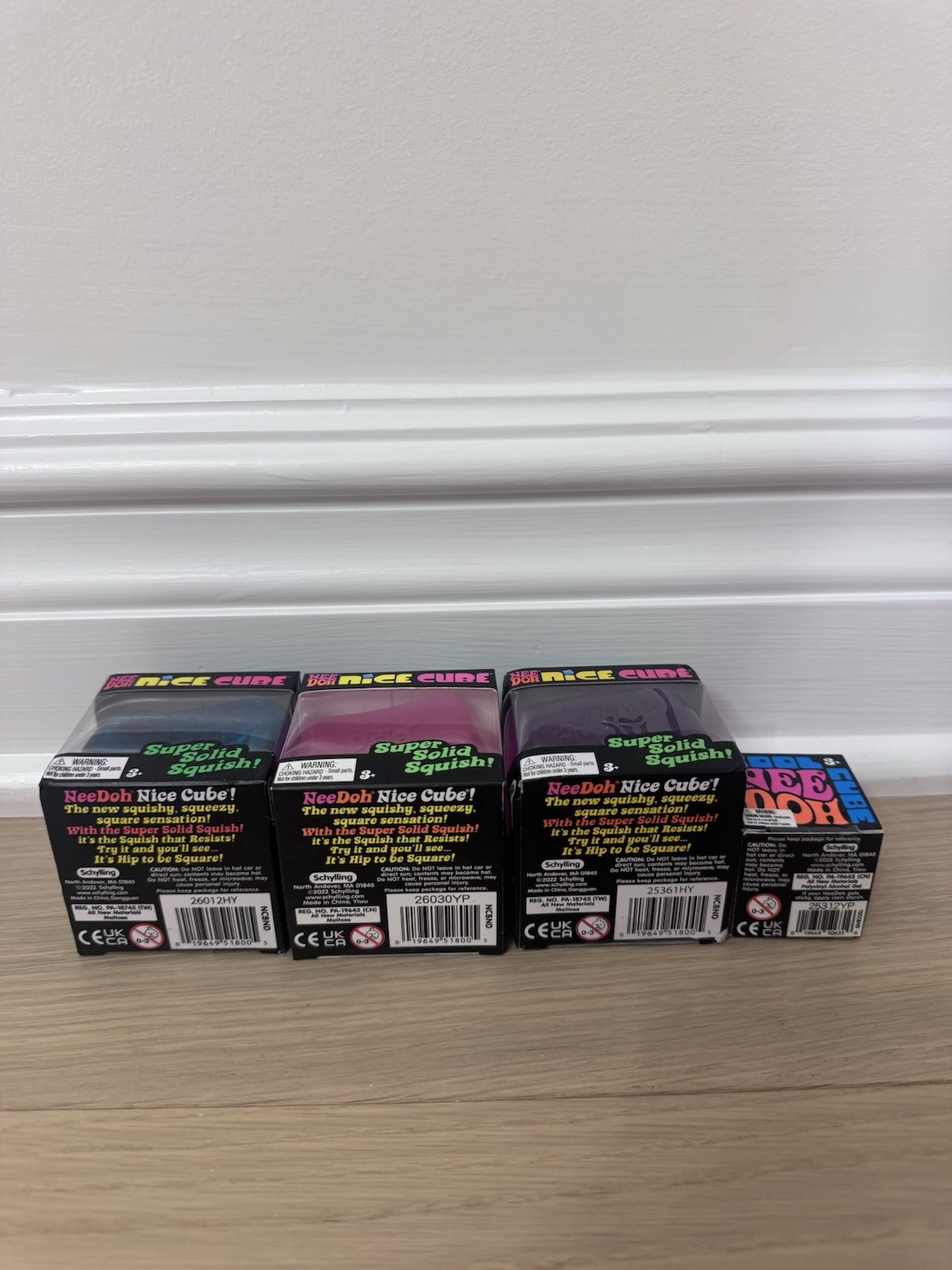 Nee Doh Nice Cube Super Solid Squish! – Lot Of 4-1 Pink, 1 Blue, 1 Purple, Mini