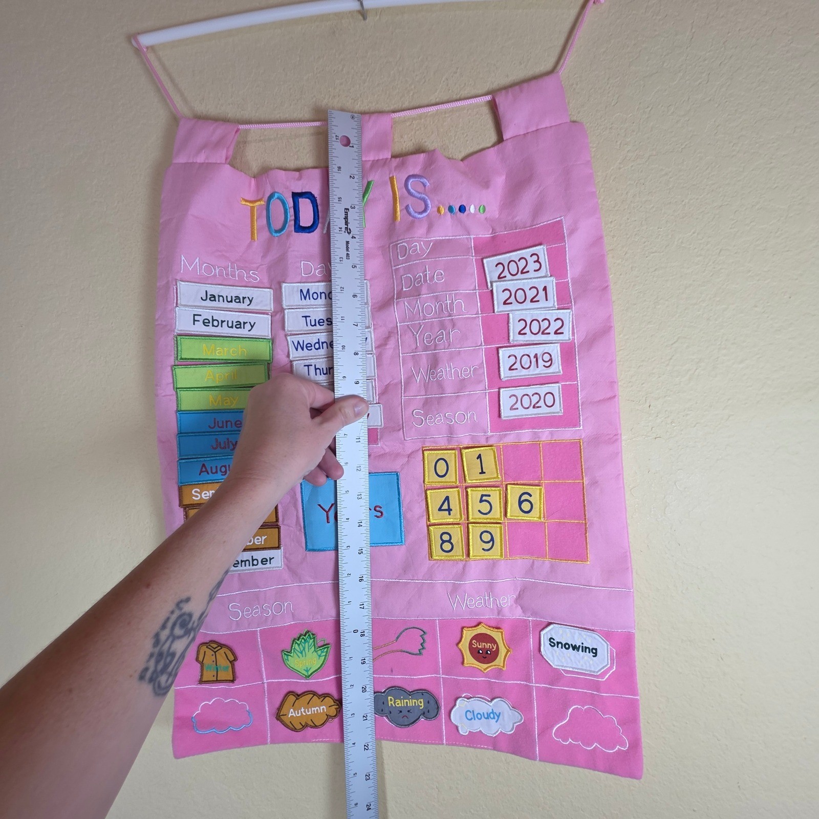 Kids Interactive Fabric Wall Calendar Pink Educational Weather Season Chart