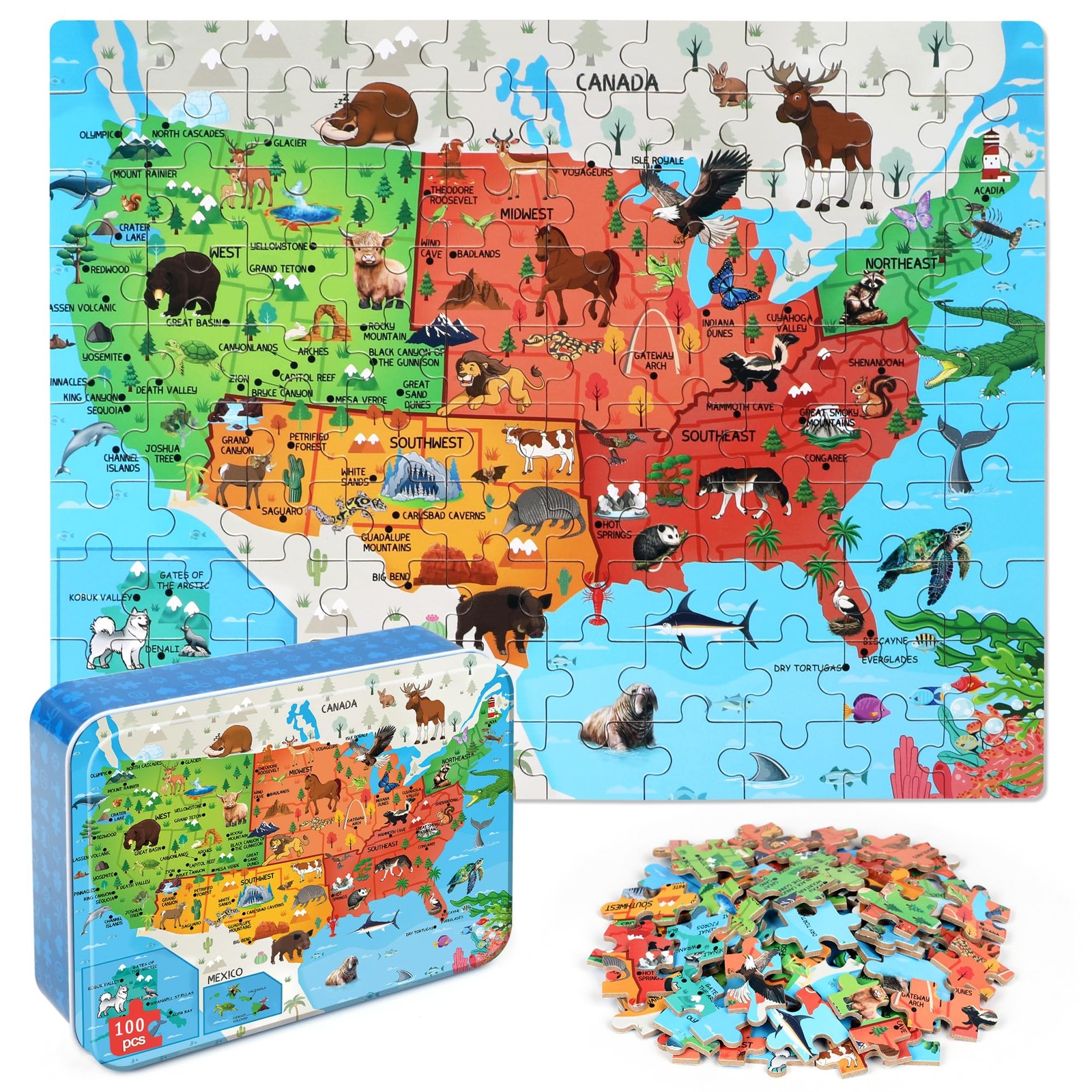 LELEMON United States Puzzles for Kids Ages 4-8,100 100 pieces, Colorful