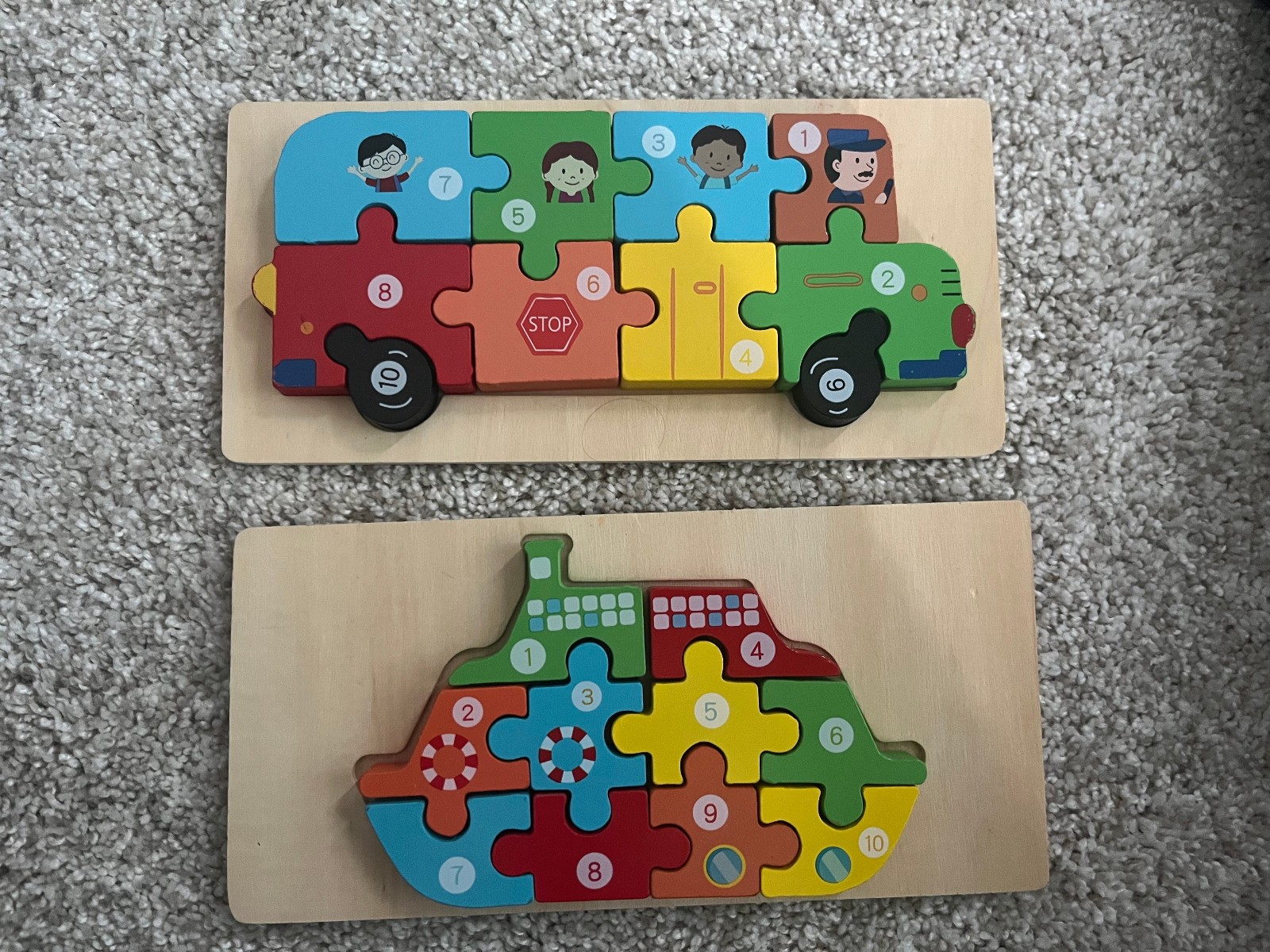 Set of 2 Wooden 3D Jigsaw Puzzle for Toddlers Kids, Educational Toys Bus & Ship