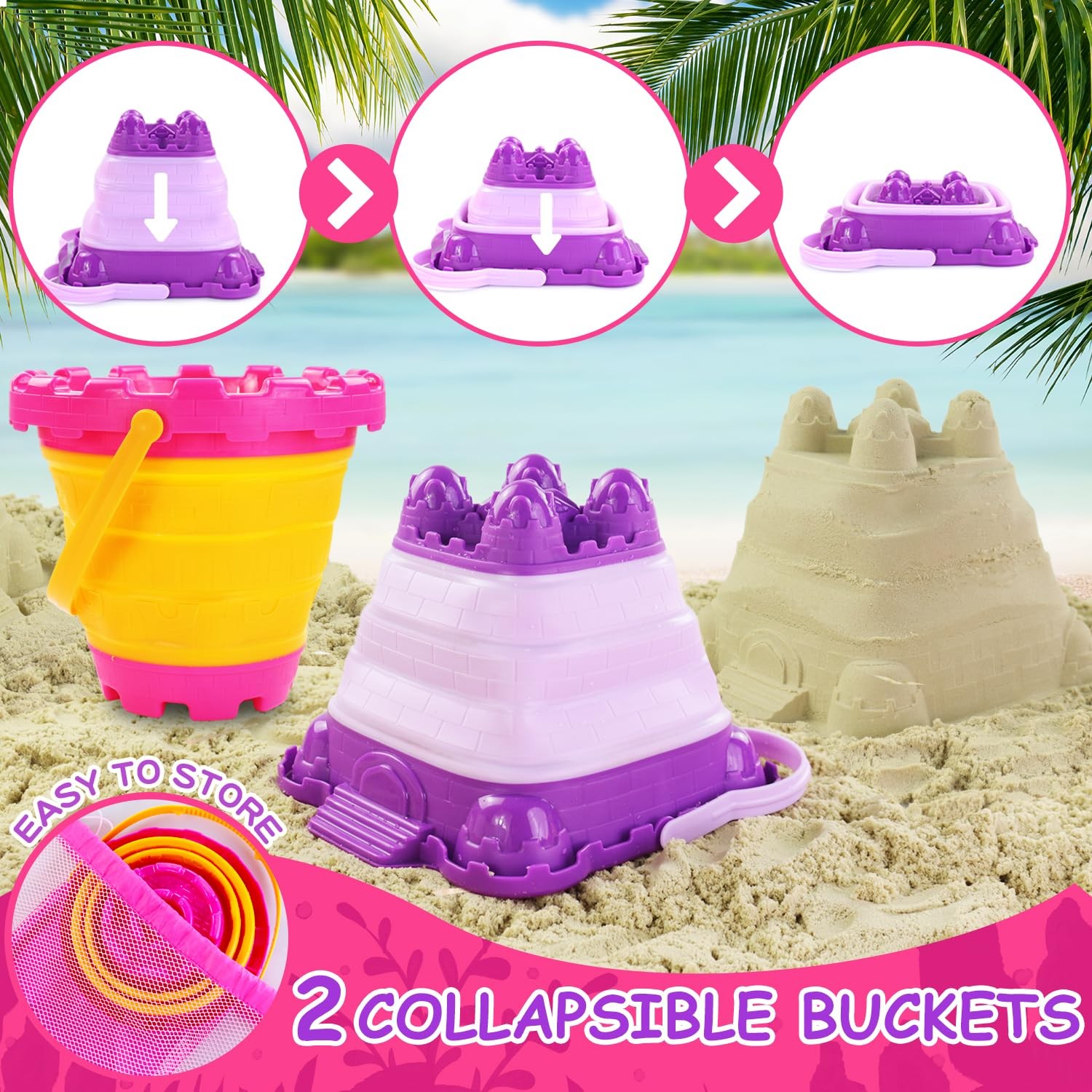 Elovien Beach Sand Toys, 50Pcs Sandbox Toys with 2 Medium, Colorful