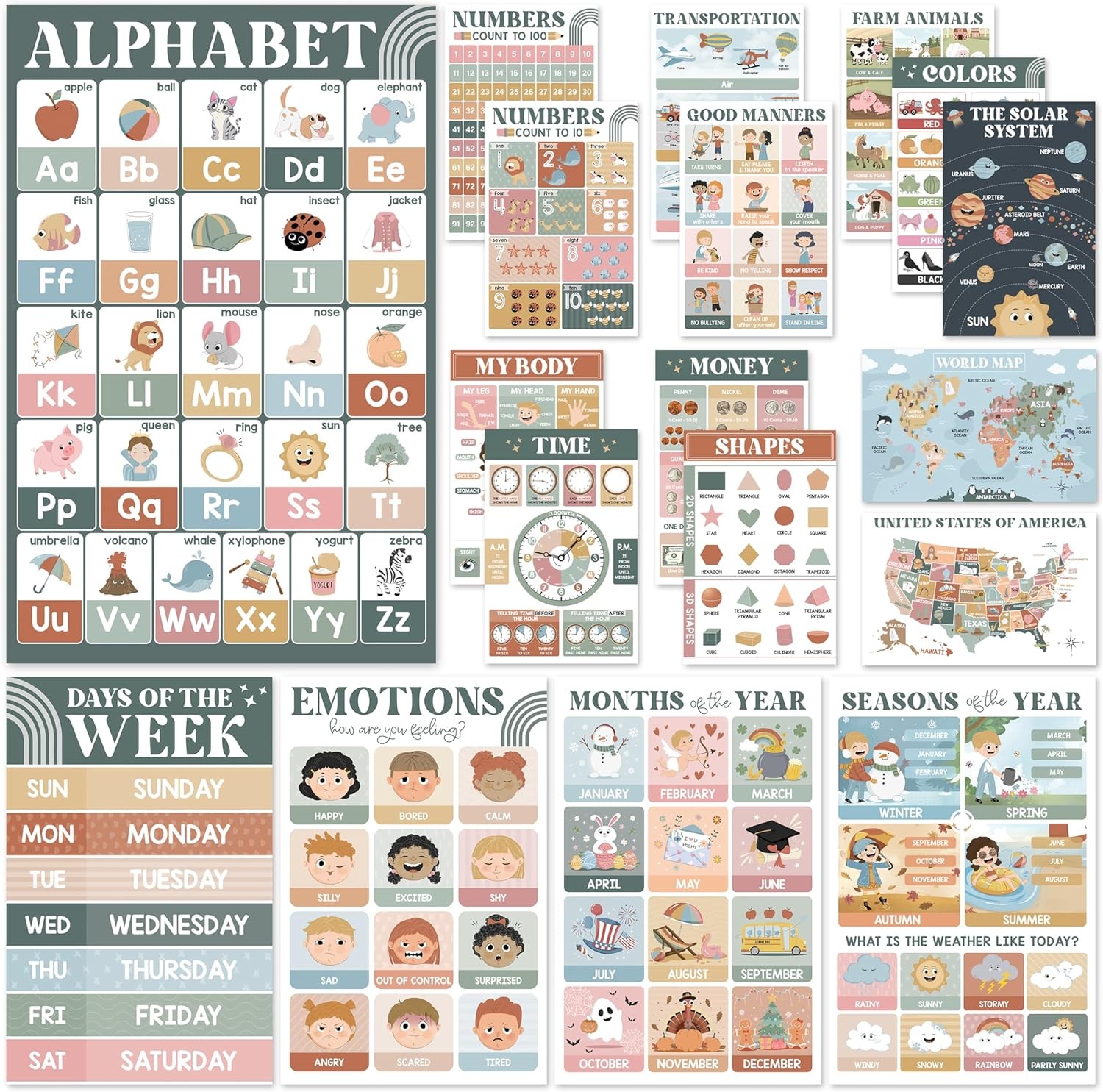 BEAWART 18 Modern Boho Educational Posters for Preschoolers – Laminated Pre-K an