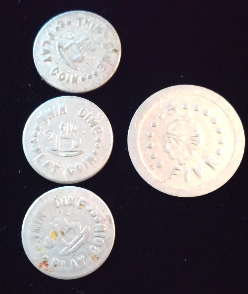 Interesting Lot of 4 Miniature Aluminum Play Coins 3-Dimes / 1-“Wooden Nickel”