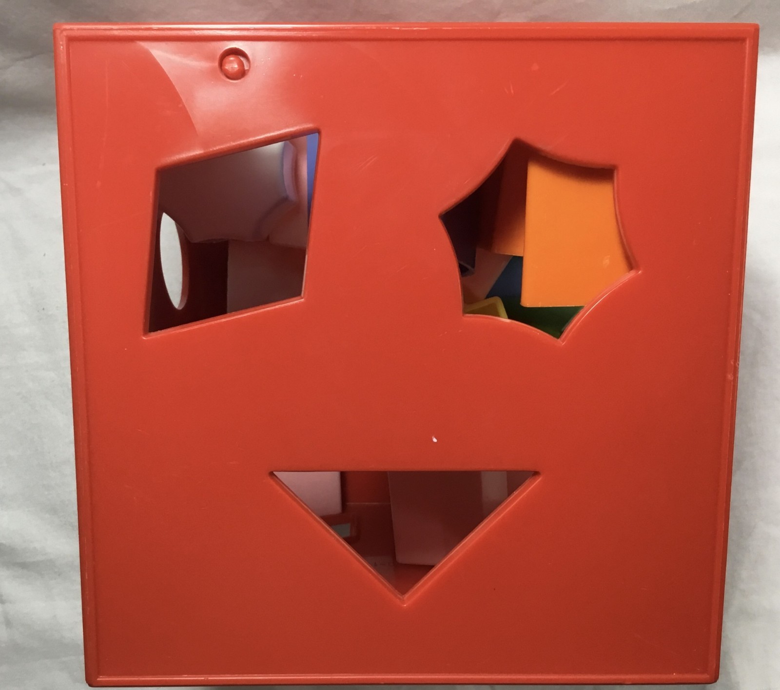 Toy shape sorter, Child Guidance, complete set 18 shapes, 5.5″ red cube