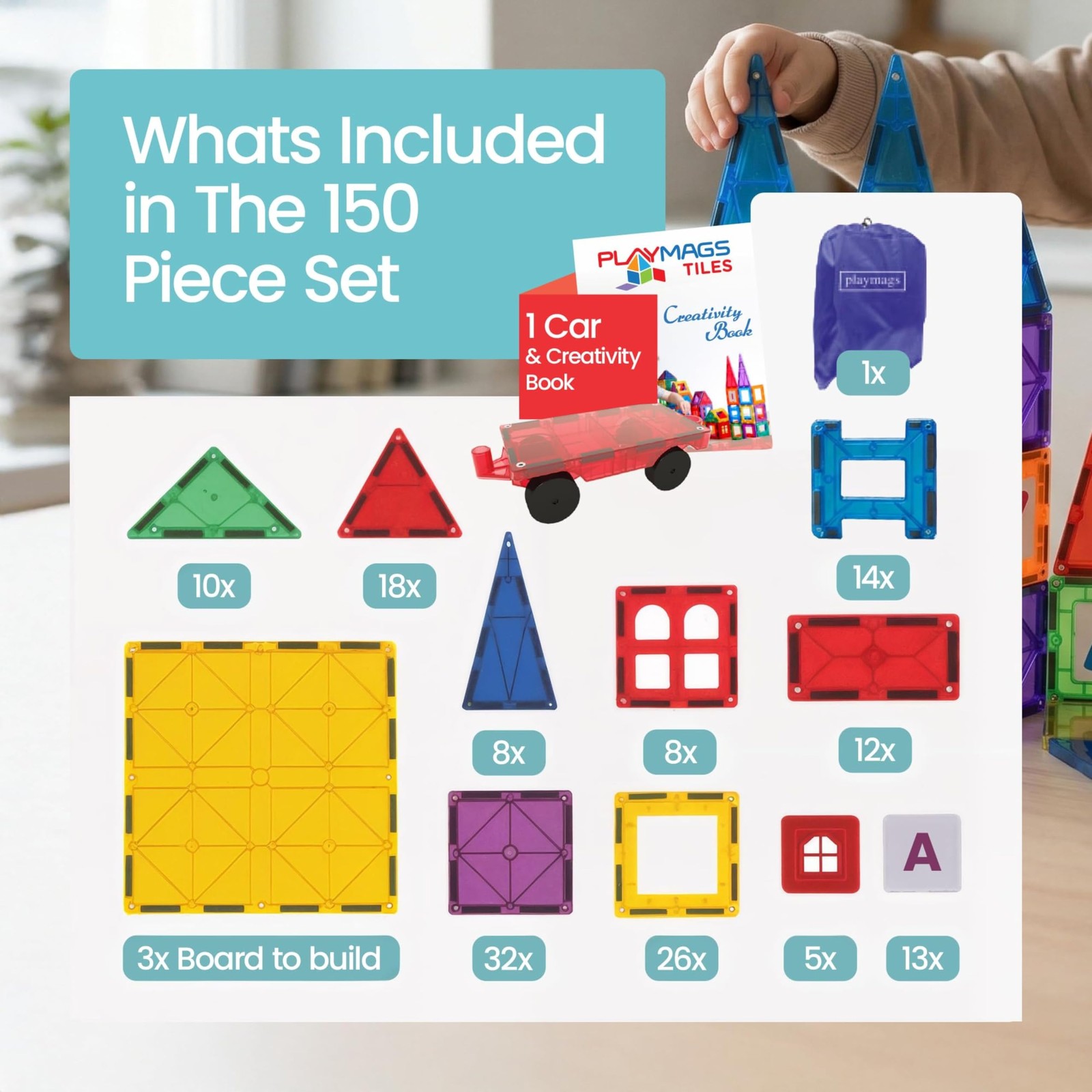 Playmags Magnetic Tiles for Kids 150-Piece Set, 2. Multicolor