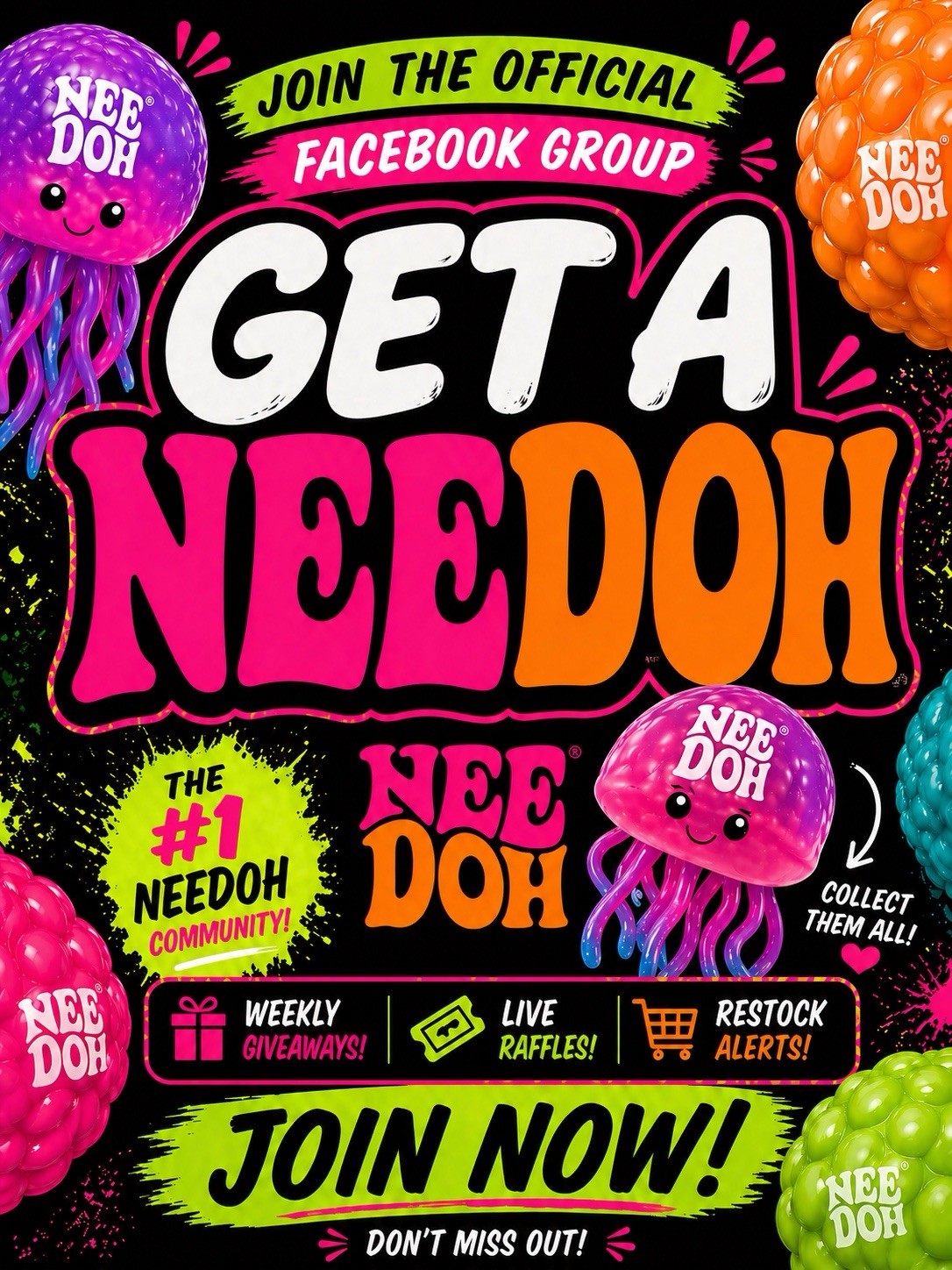 2 Needoh FUZZ BALLS The Velvet Squeeze Fuzzball Random Colors Picked💯AUTHENTIC