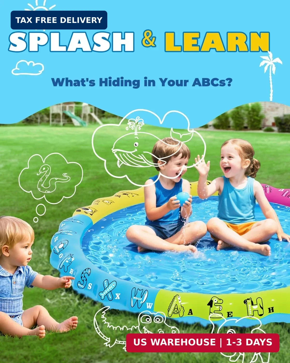 67″ 3-in-1 Non-Slip Splash Pads for Toddlers 1-3 & Kids Ages 4-8, Baby Learning