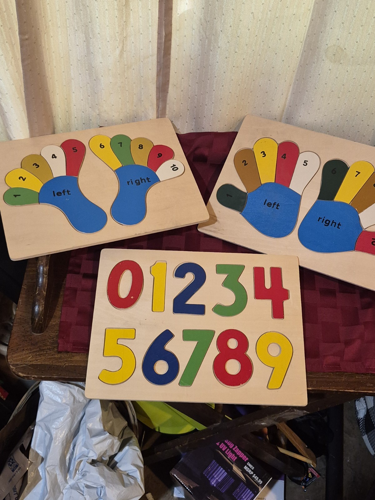 Vintage Wooden Toddler Puzzle Lot – 0-9 Numbers & Left Right Hand Foot Counting