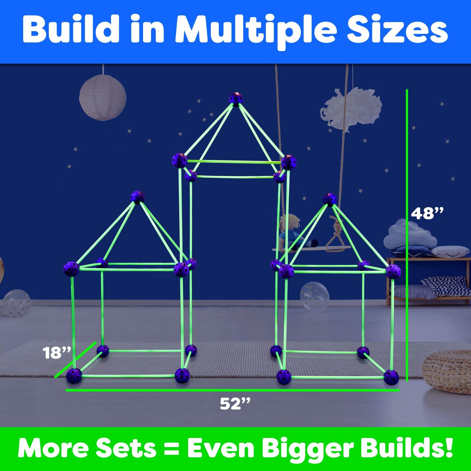 Fun Forts Glow Fort Building Kit for Kids – 81 Pack Glow in The Dark STEM Bui…