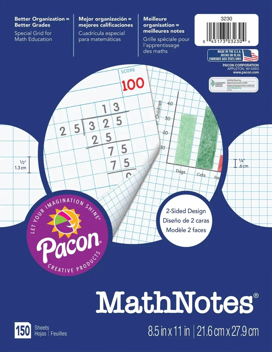 Pacon® MathNotes® Graph Paper, 1/2″ Quad Rule, 8.5″ x 11″, 150 ct. – CASE OF 24