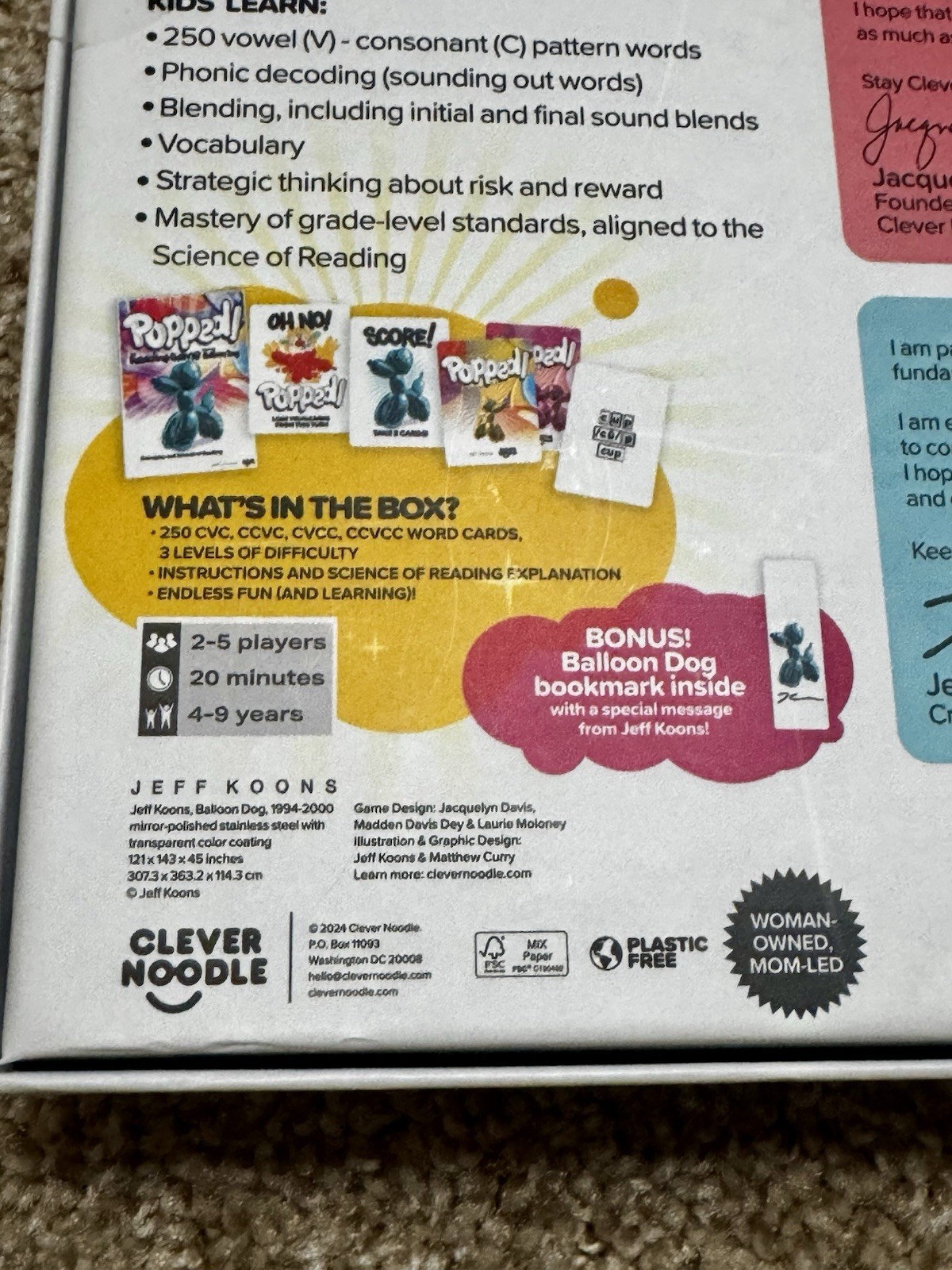 Clever Noodle Popped! The Reading Game Balloon Dog Cards Ages 4-9 Alphabet