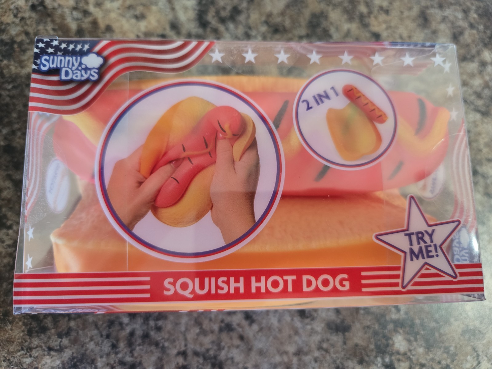 Squishy Hot Dog Squeezy Fidget Toy Sunny Days 2-in-1 Hotdog Stress Relief NEW