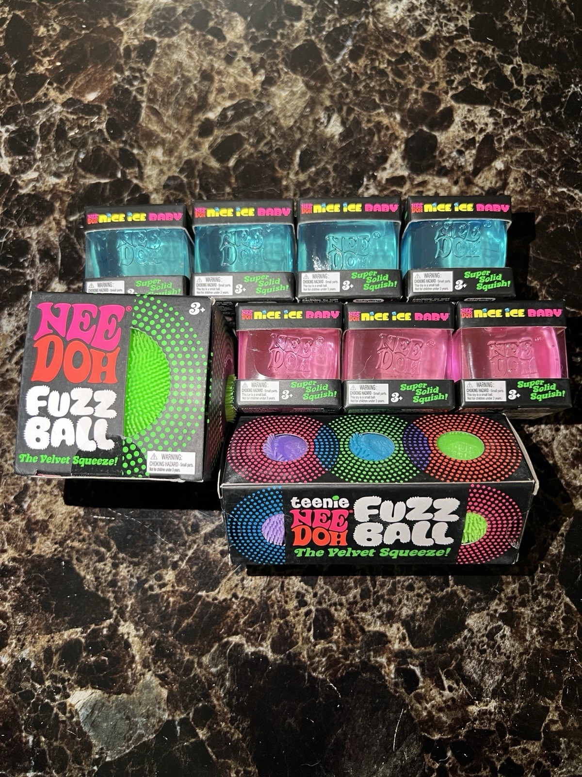 NeeDoh Bundle Nice Ice Baby Cube Blue & Pink, Fuzz Ball Green, Teenie Fuzz Ball