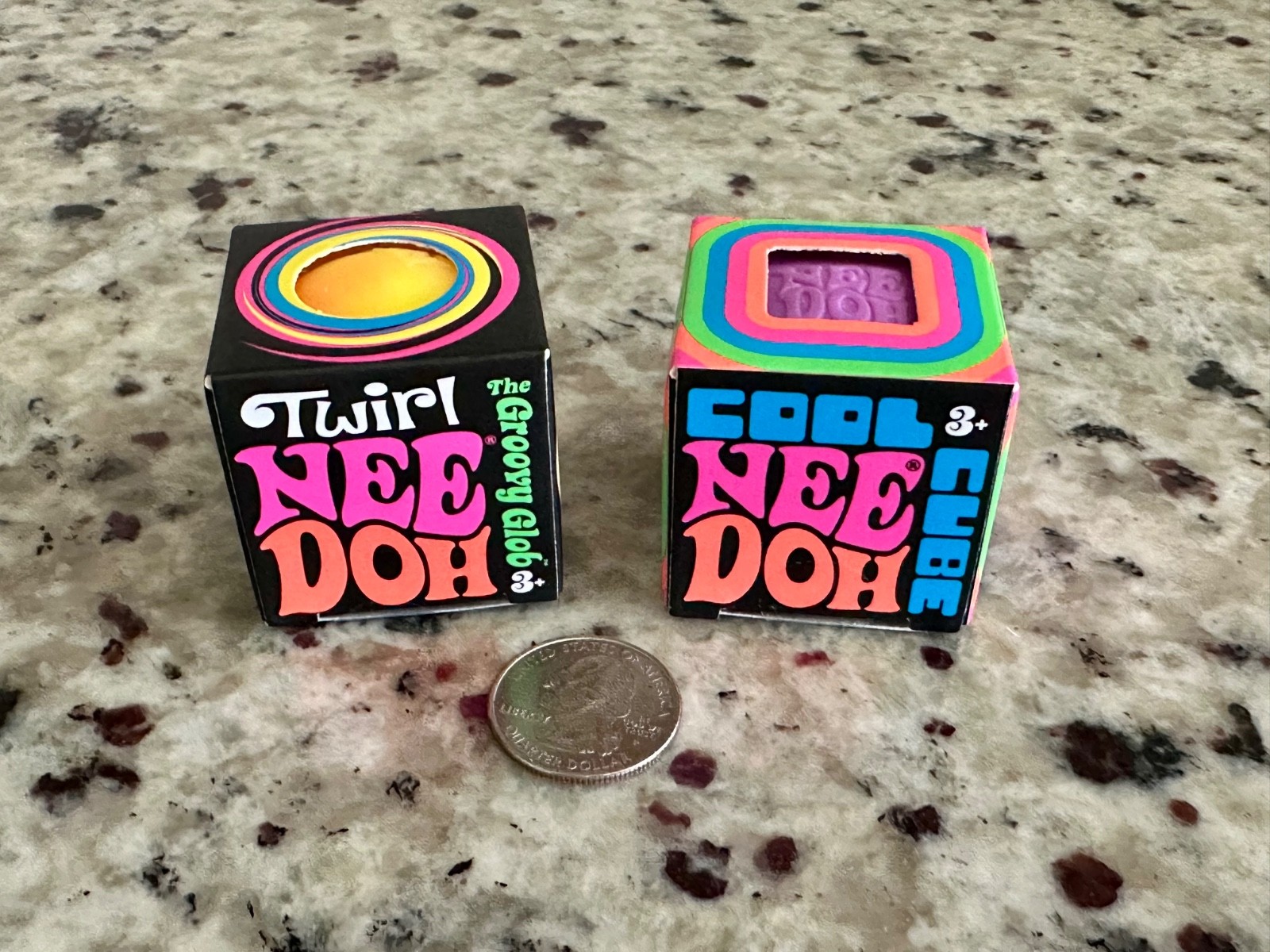 Schylling NeeDoh Lot of 2 Mini Cool Cube Twirl Groovy Glob Sensory Yellow Purple
