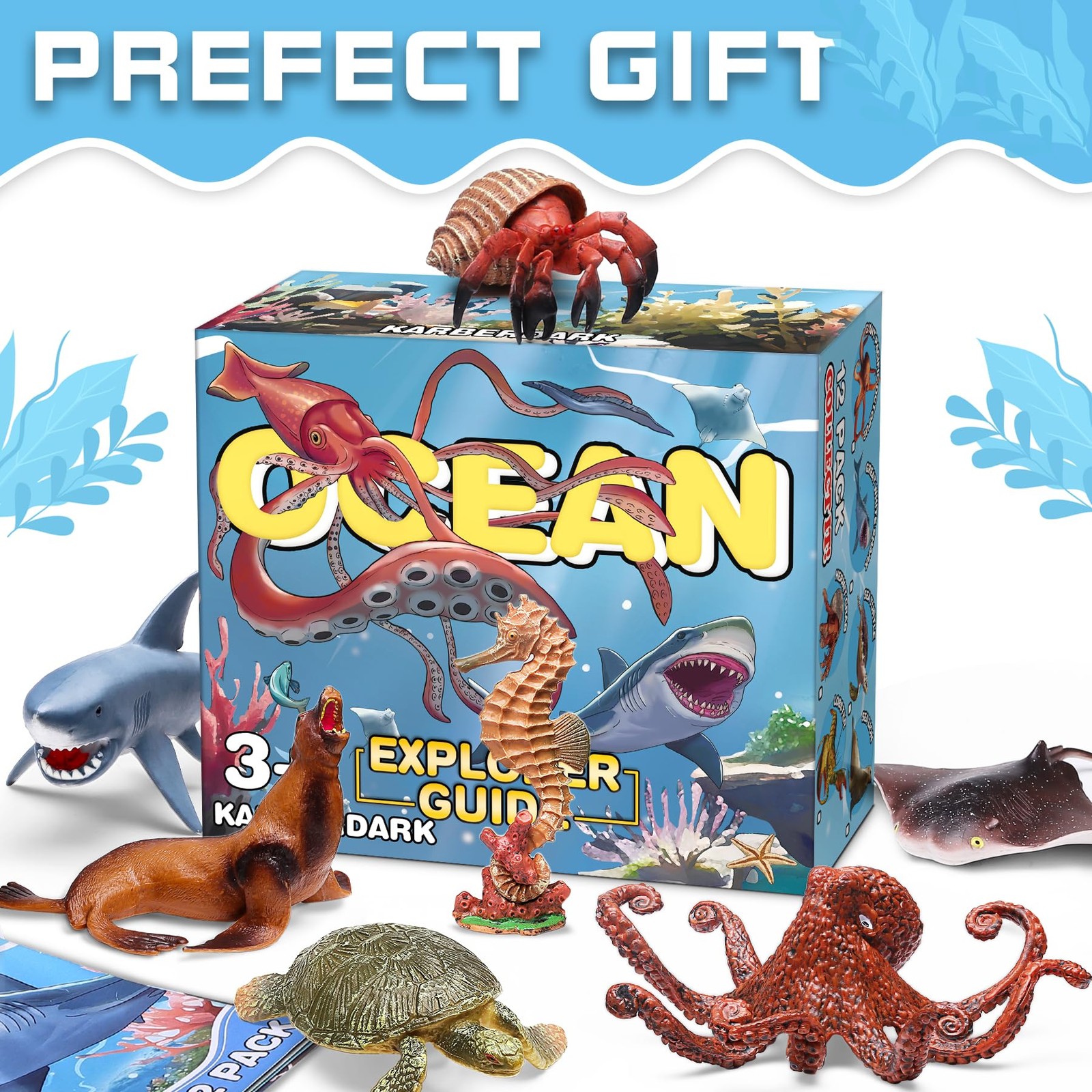 12 Pack Ocean Animal Toys with Educational Booklet for Kids, Realistic Soft