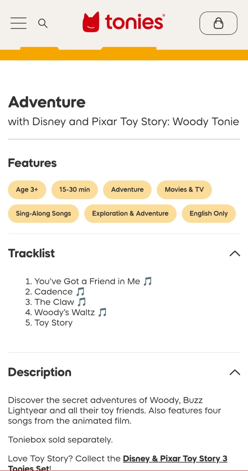 New Tonie For Toniebox: Disney/Pixar TOY STORY/Woody Character#10000511AudioPlay