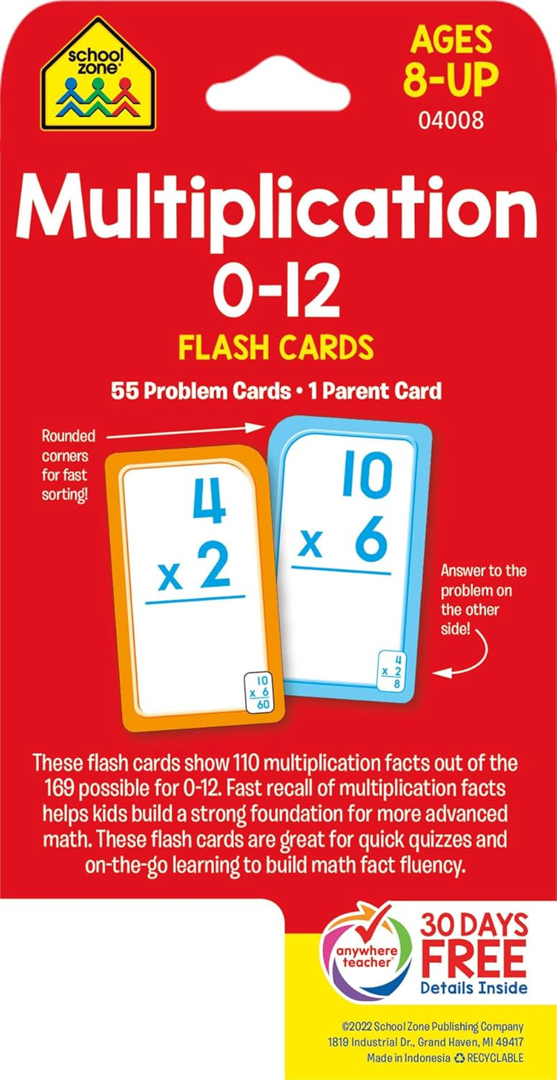 Multiplication 0-12 Flash Cards 56 Count for 3rd and 4th Grade Math Ages 8+