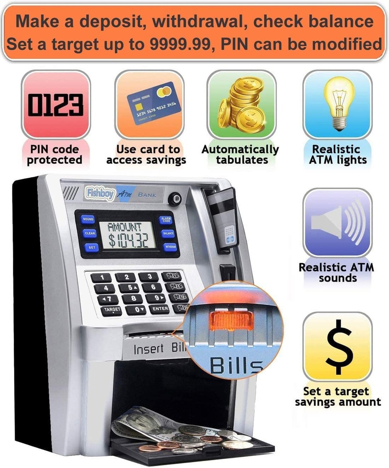 Fishboy ATM Piggy Bank for Kids with Power-Off Memory and Debit Card for Real…