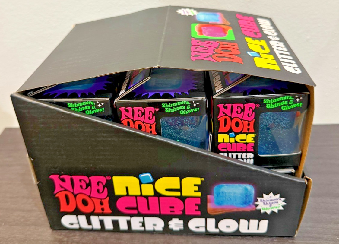 NeeDoh Nice Cube Glitter & Glow Lot of 12 Full Case with Display Box Blue & Pink