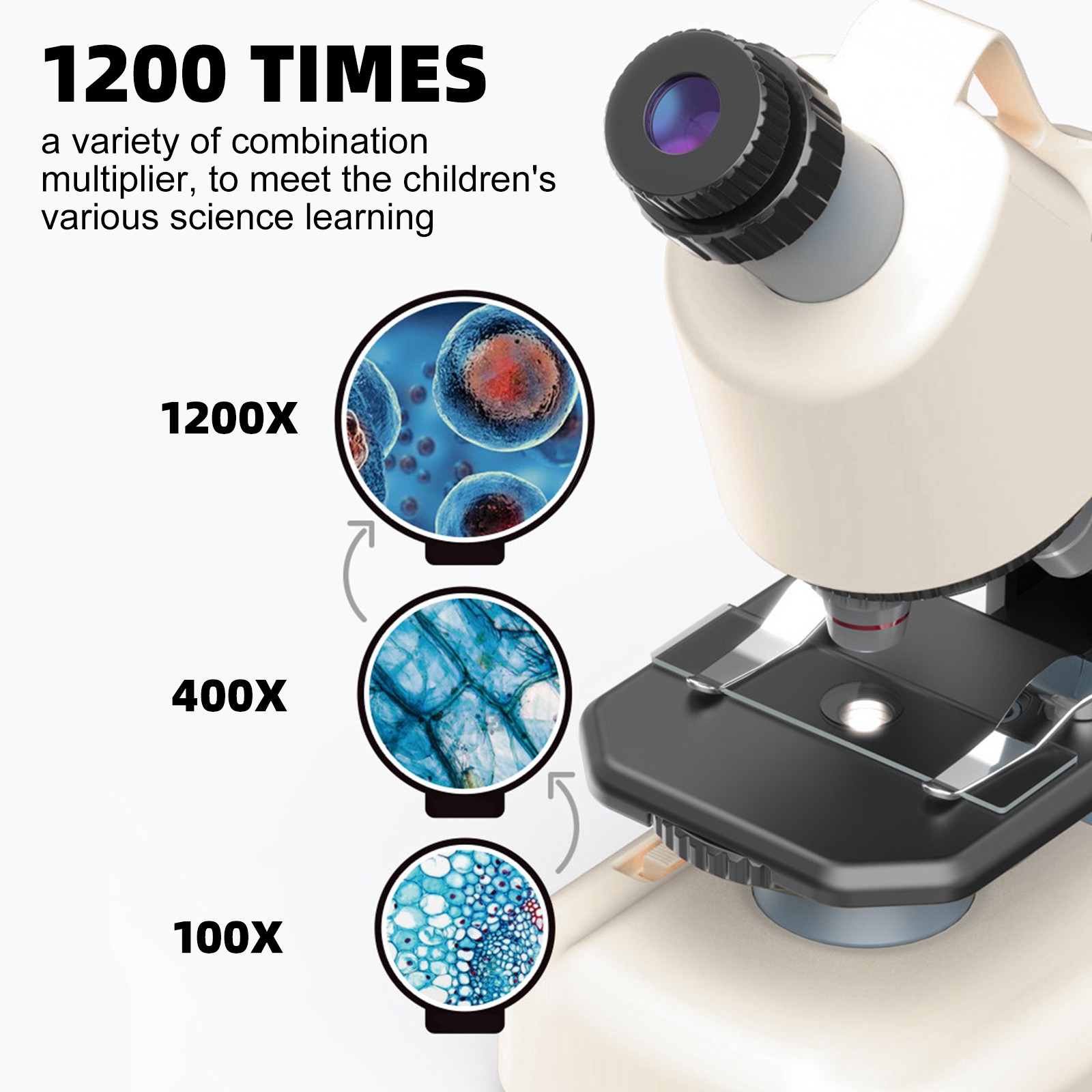 Handheld Microscope LED 100X-1200X Magnification Science Toys Kit For Kid White`