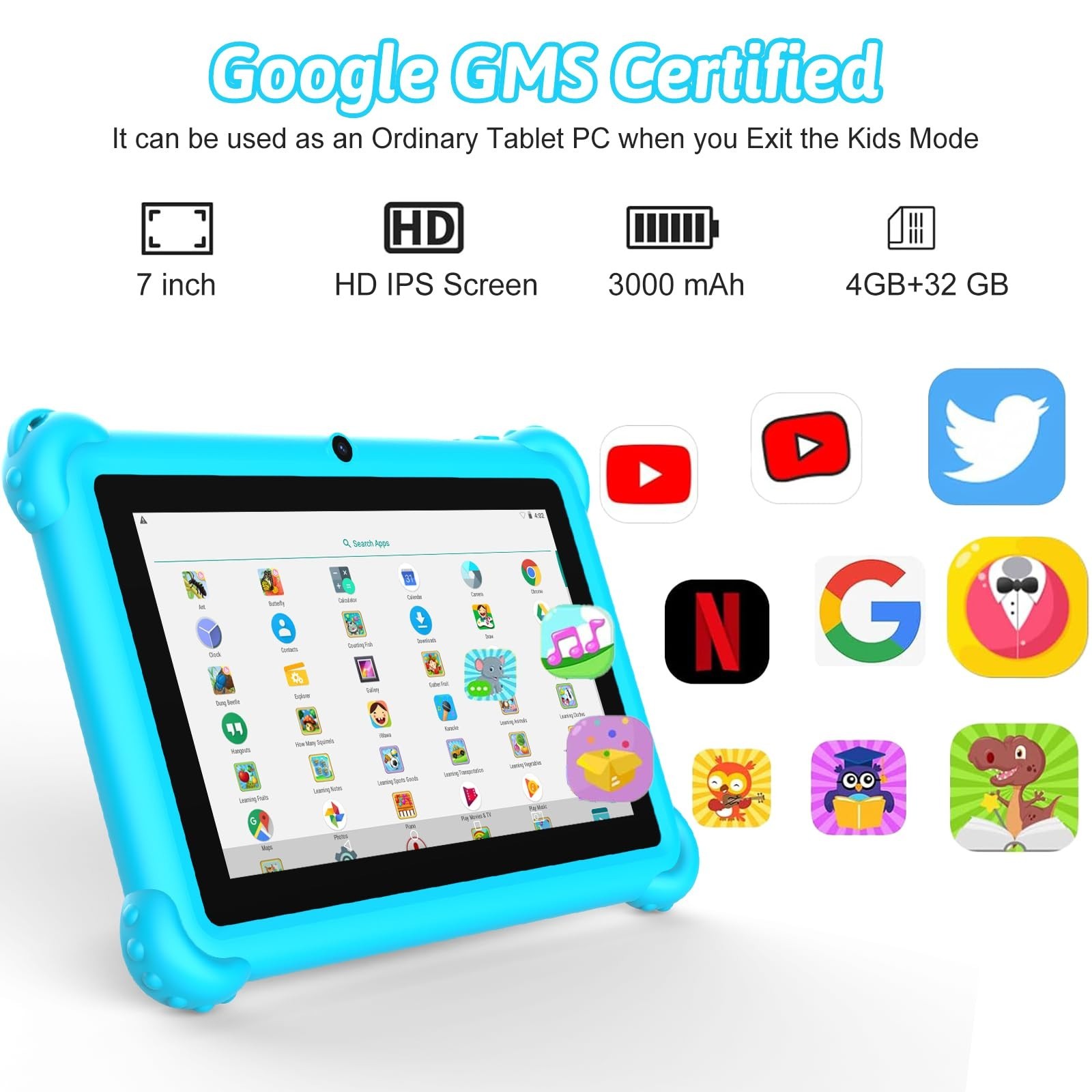 7-inch Kids Tablet for Toddlers, Android 12, 4GB RAM, 32GB ROM, WiFi, Bluetoo…