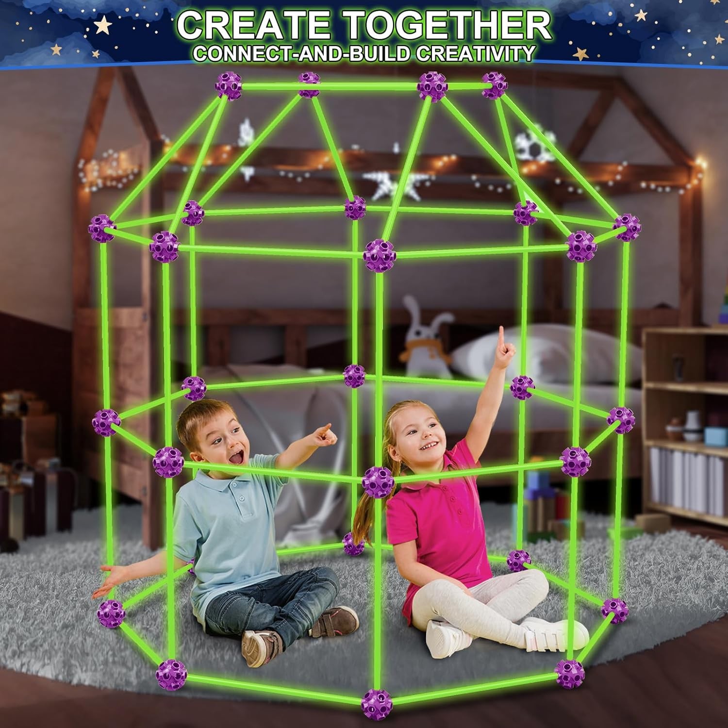 140 PCS Glow Fort Kit Kids STEM Toy DIY Castle Tunnel Tent Boys Girls Age 4-10