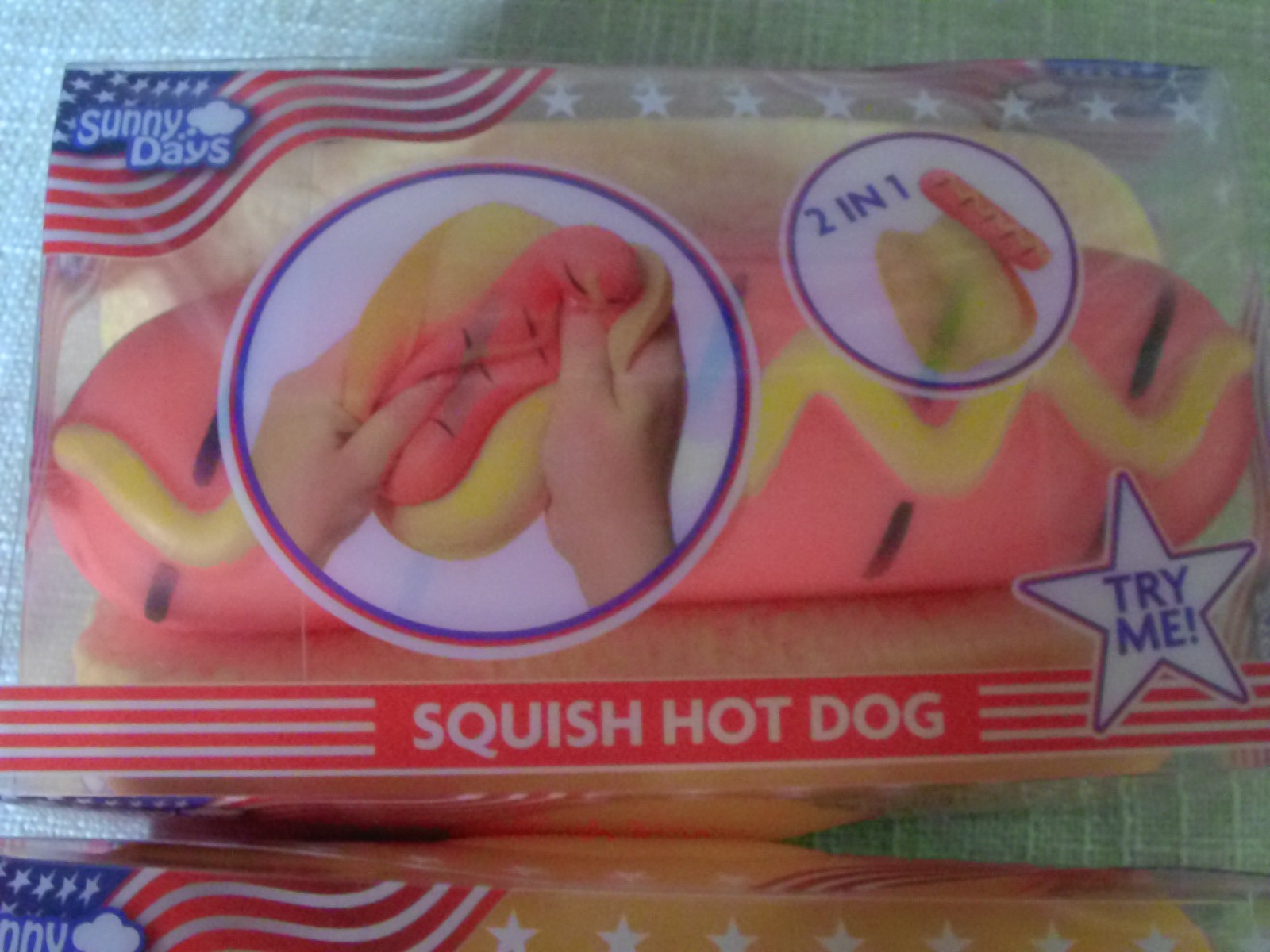 2-Squishy Hot Dog Squeezy Fidget Toy Sunny Days 2-in-1 Hotdog Stress Relief NEW