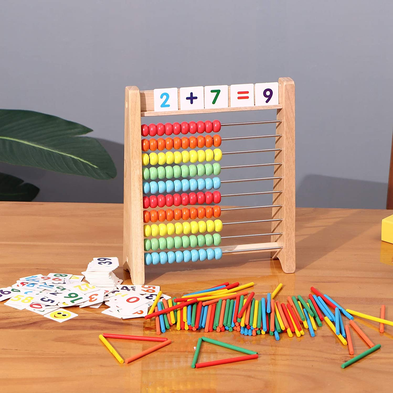 Wooden Abacus for Kids – 100 Counting Sticks and Number Toys Cards 1-100, Educat