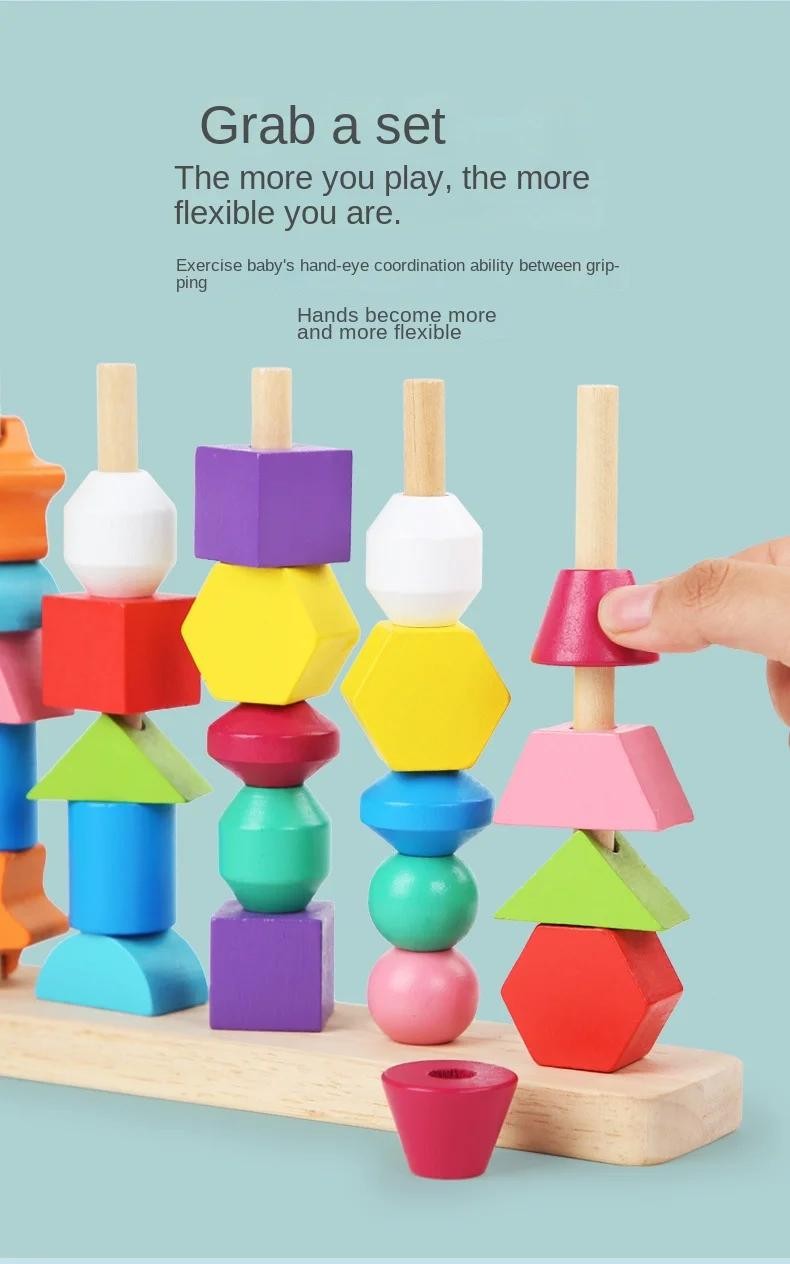 Montessori Wooden Sorting Blocks Color Shape Matching Educational Kids Early Toy