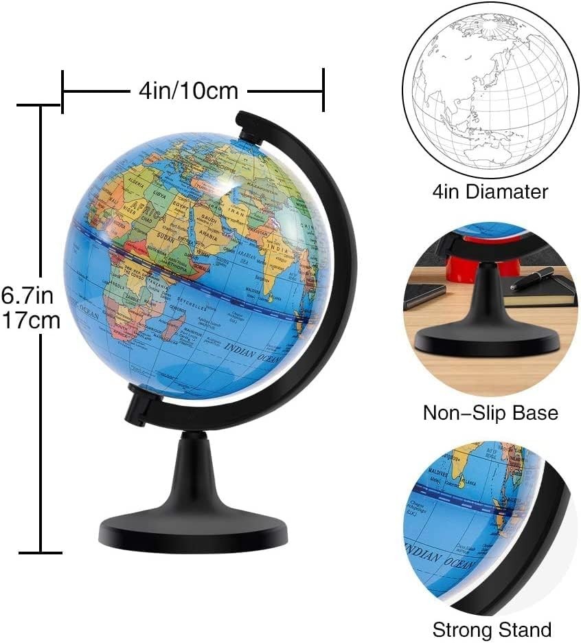 “4”” WORLD GLOBE EARTH TOP Map Rotating Geography Ocean Classroom Learning Deskt
