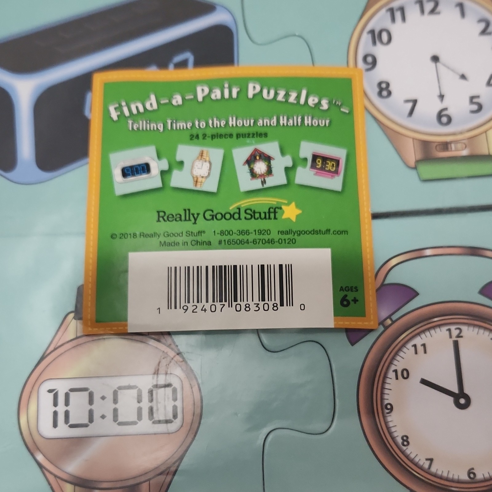 Really Good Stuff Find-a-Pair Puzzles Telling Time Cards Ages 6+, Multicolor