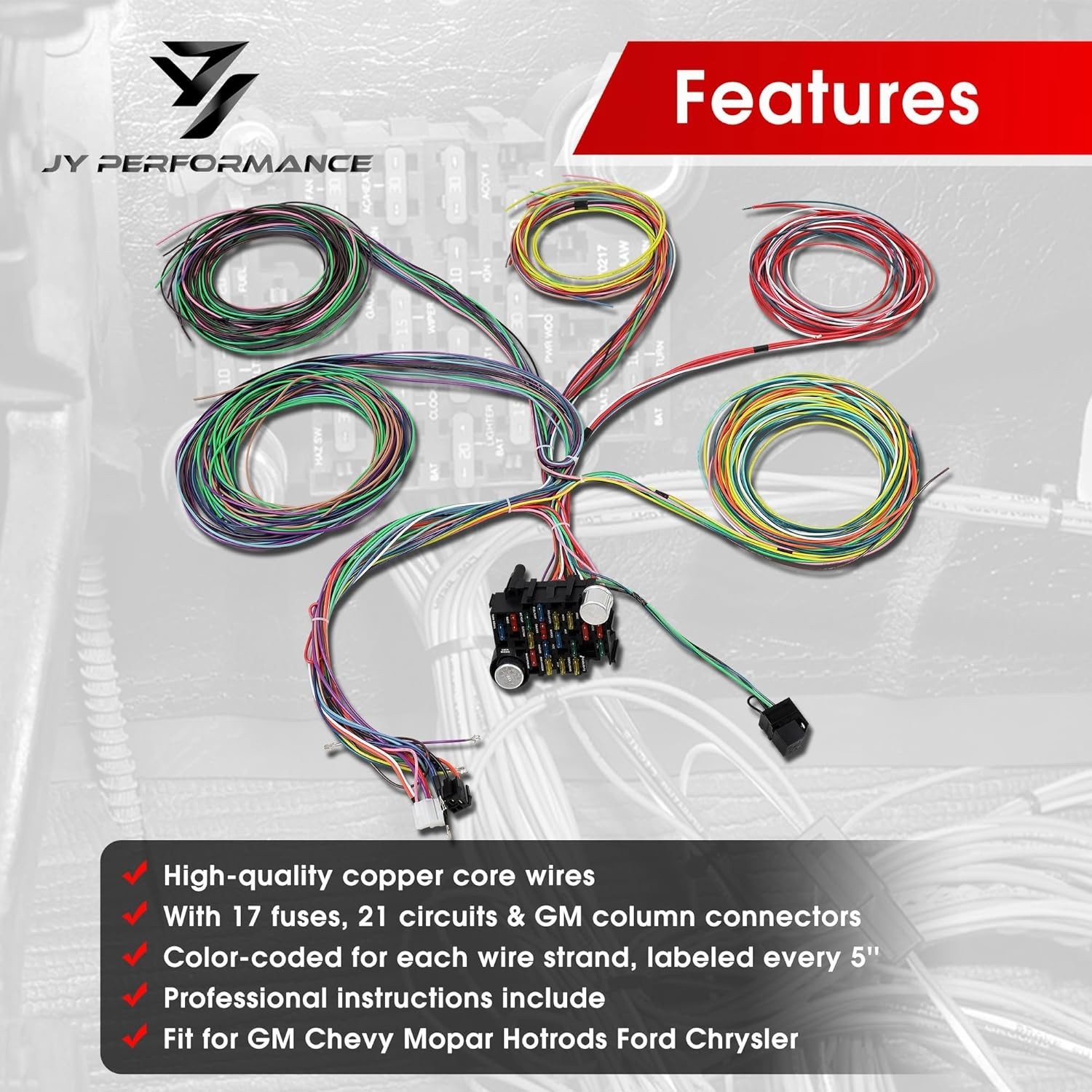 Universal 21 Circuit Wiring Harness Kit Extra Long Wire Standard Color 17 Fuses