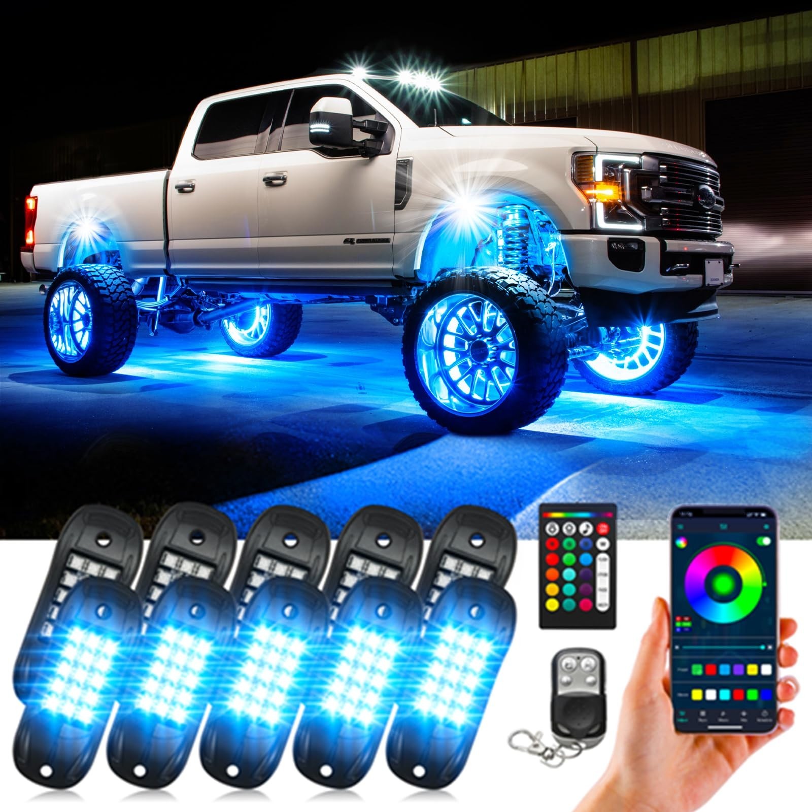LED Rock Lights for Trucks, UTV, SUV & ATV – 10 Pods RGB Underglow Kit with A…