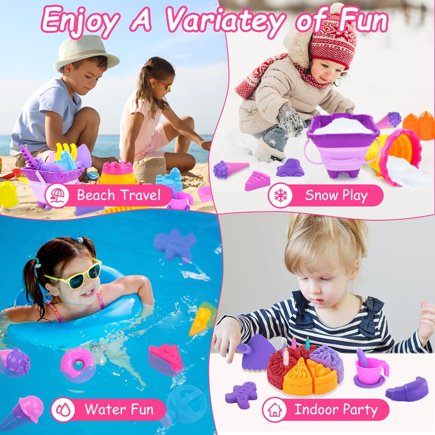 Elovien Beach Sand Toys, 50Pcs Sandbox Toys with 2 Medium, Colorful