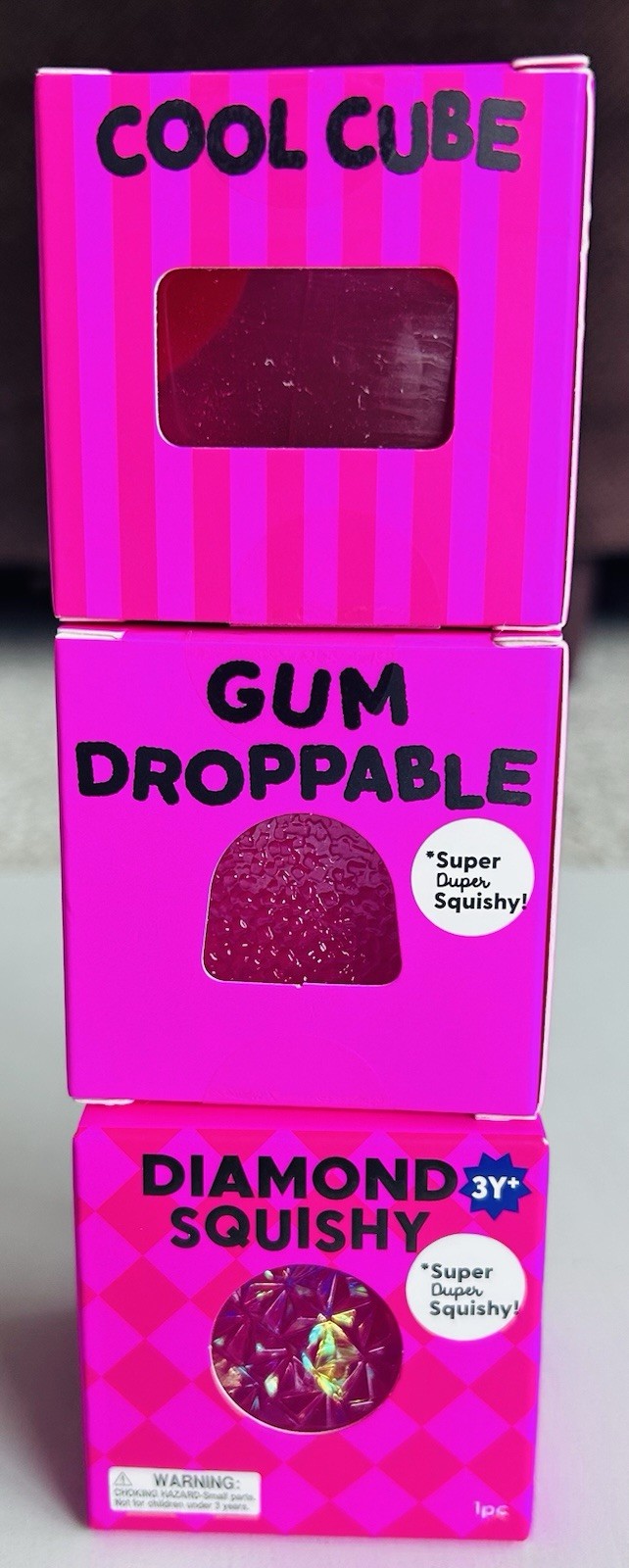 RARE Pink J’adore Super Duper Squishy 3-Pack Cool Cube, Diamond, Gum Droppable