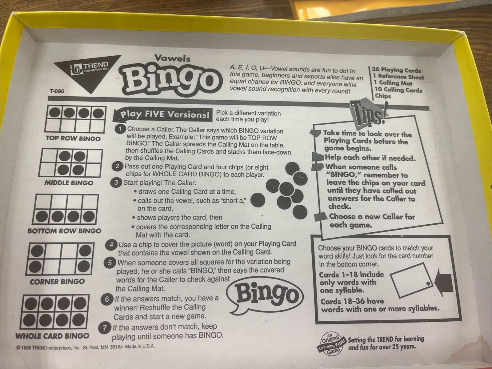 TREND Vowels Bingo Game Vintage 1995 Class Set 36 Student Playing Cards COMPLETE