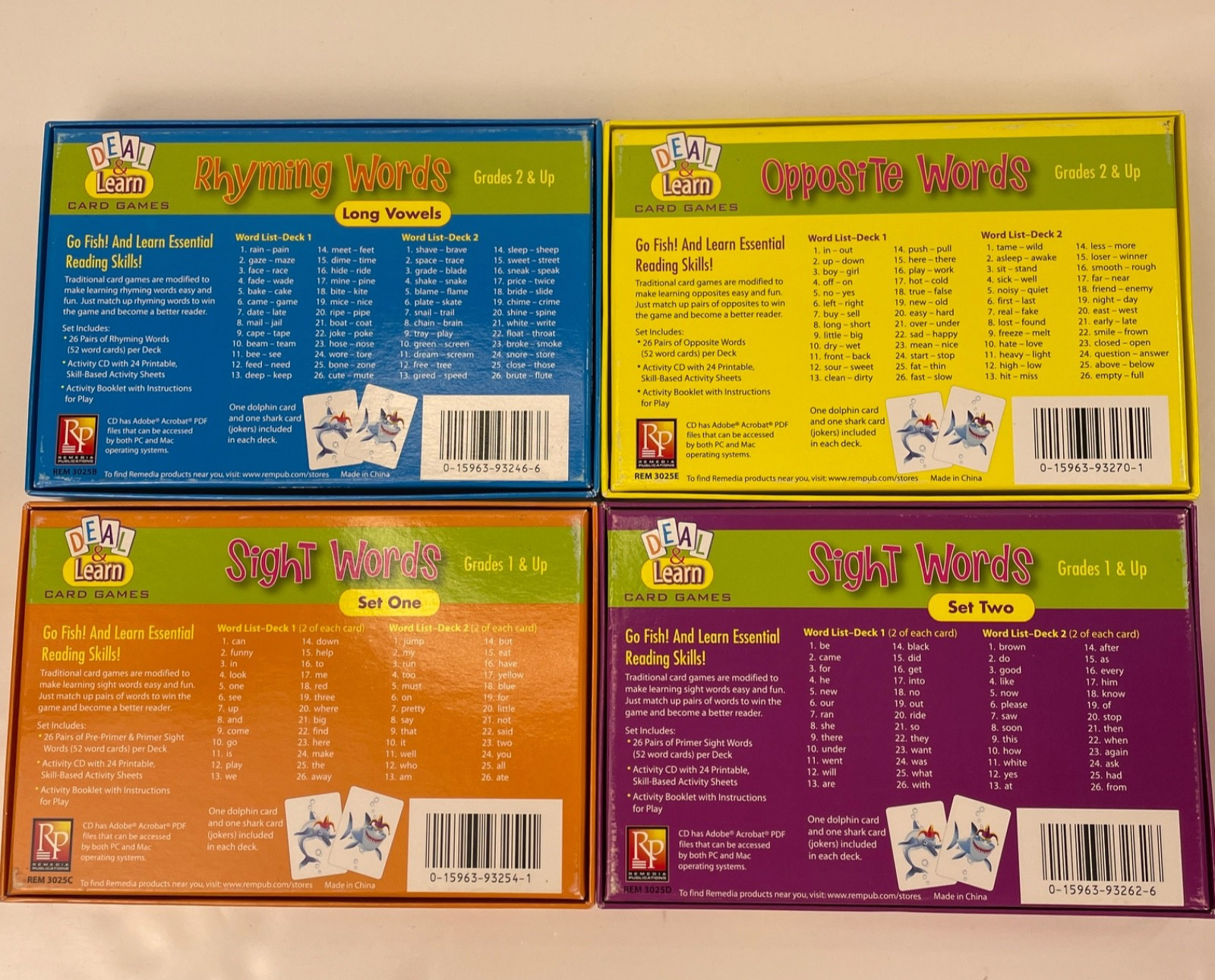 4 Deal & Learn Card Games Rhyming, Opposite & Sight Words + Activity CDs Remedia