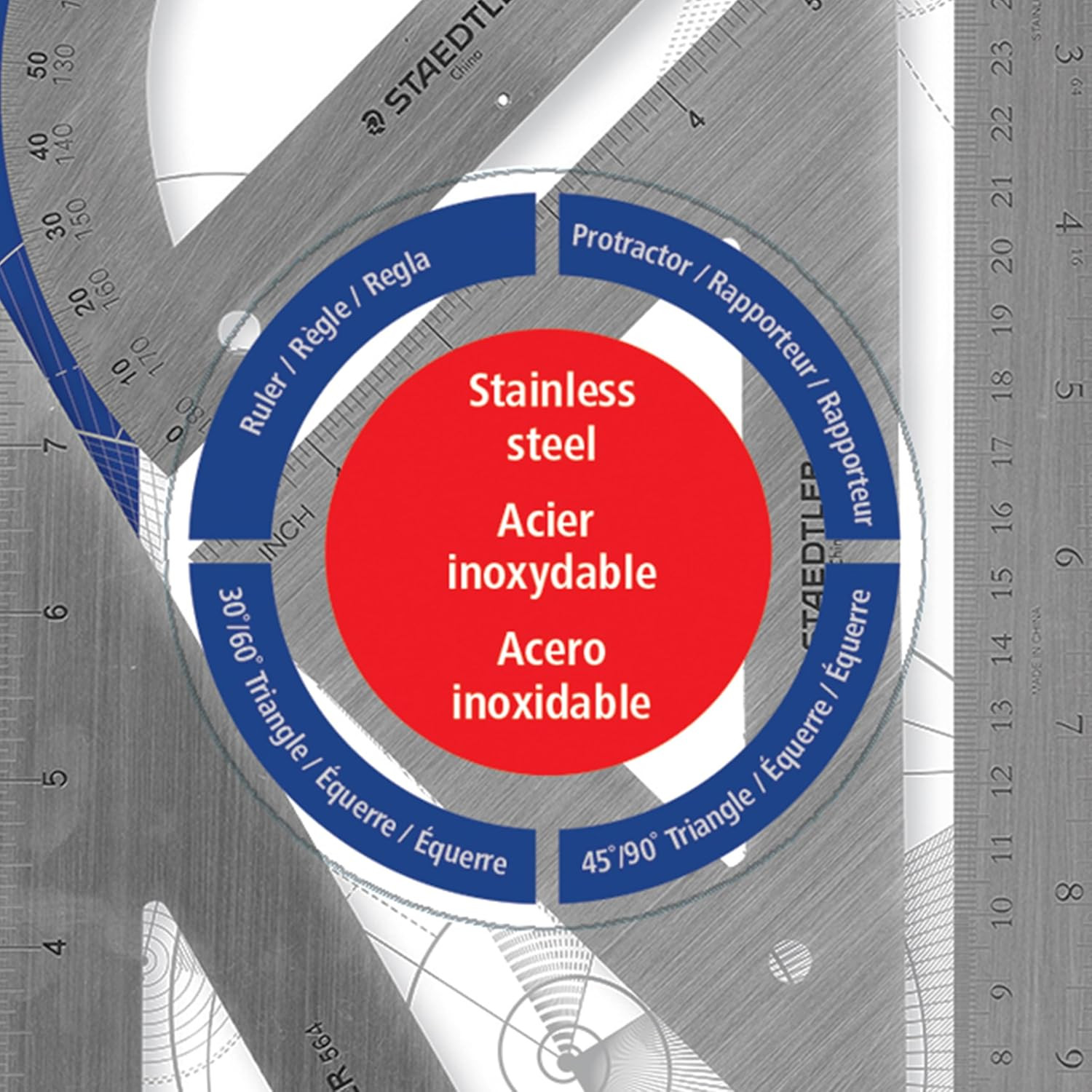 Stainless Steel Math Set – with 12In Ruler, 2 Triangle Set Squares (45/90° & 30/