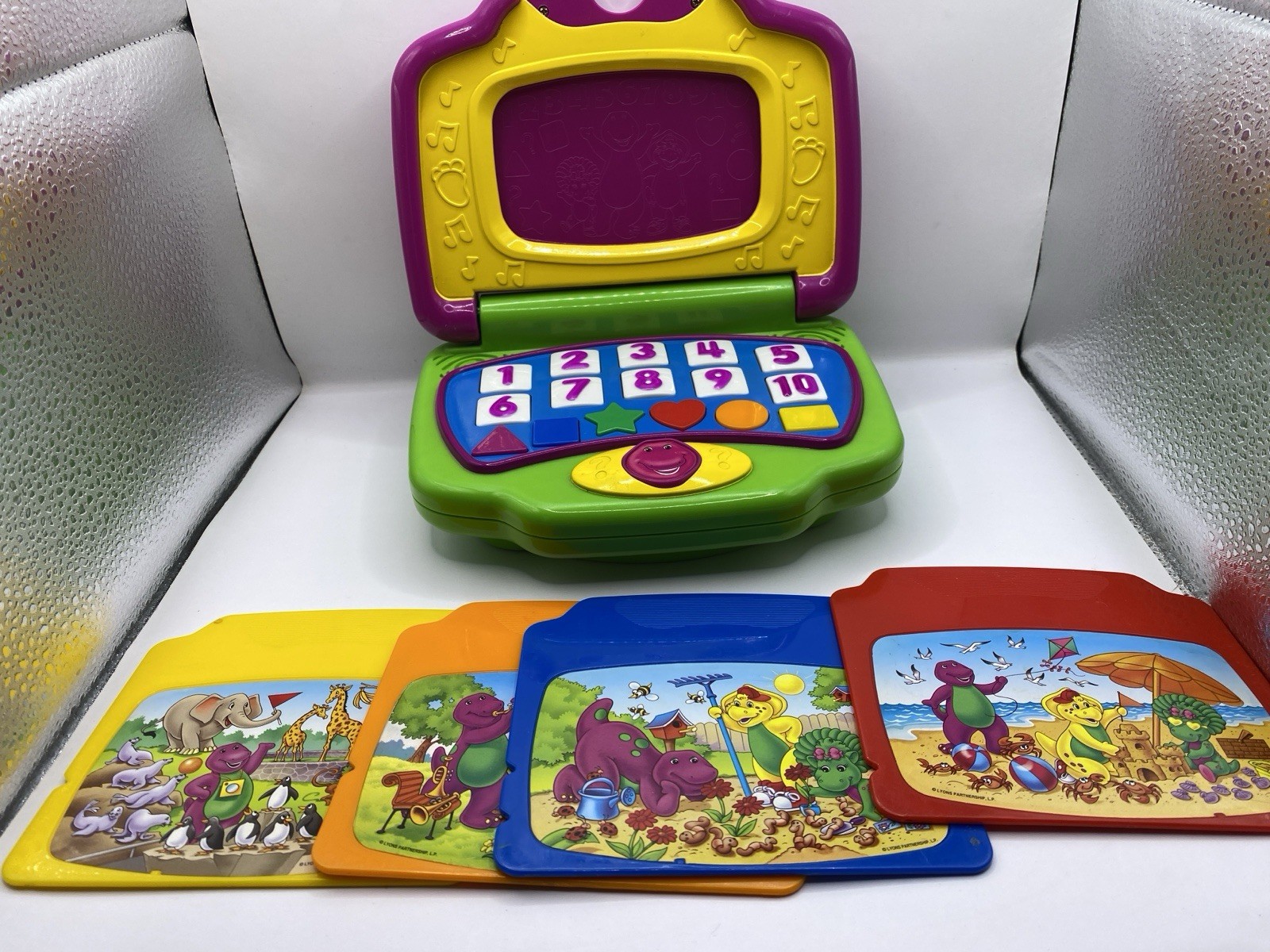 Vintage Barney Purple Dinosaur Interactive Laptop Mattel W/4 cartridges Works!