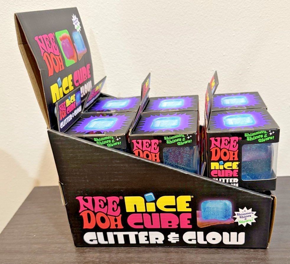NeeDoh Nice Cube Glitter & Glow Lot of 12 Full Case with Display Box Blue & Pink