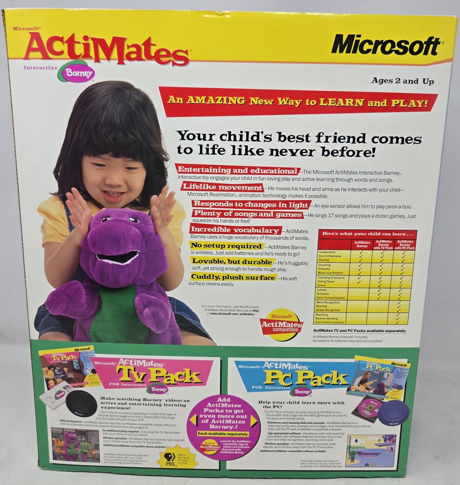CIB Microsoft ActiMates 1998 Interactive Barney w/ Box Moves Plays Speaks Sings