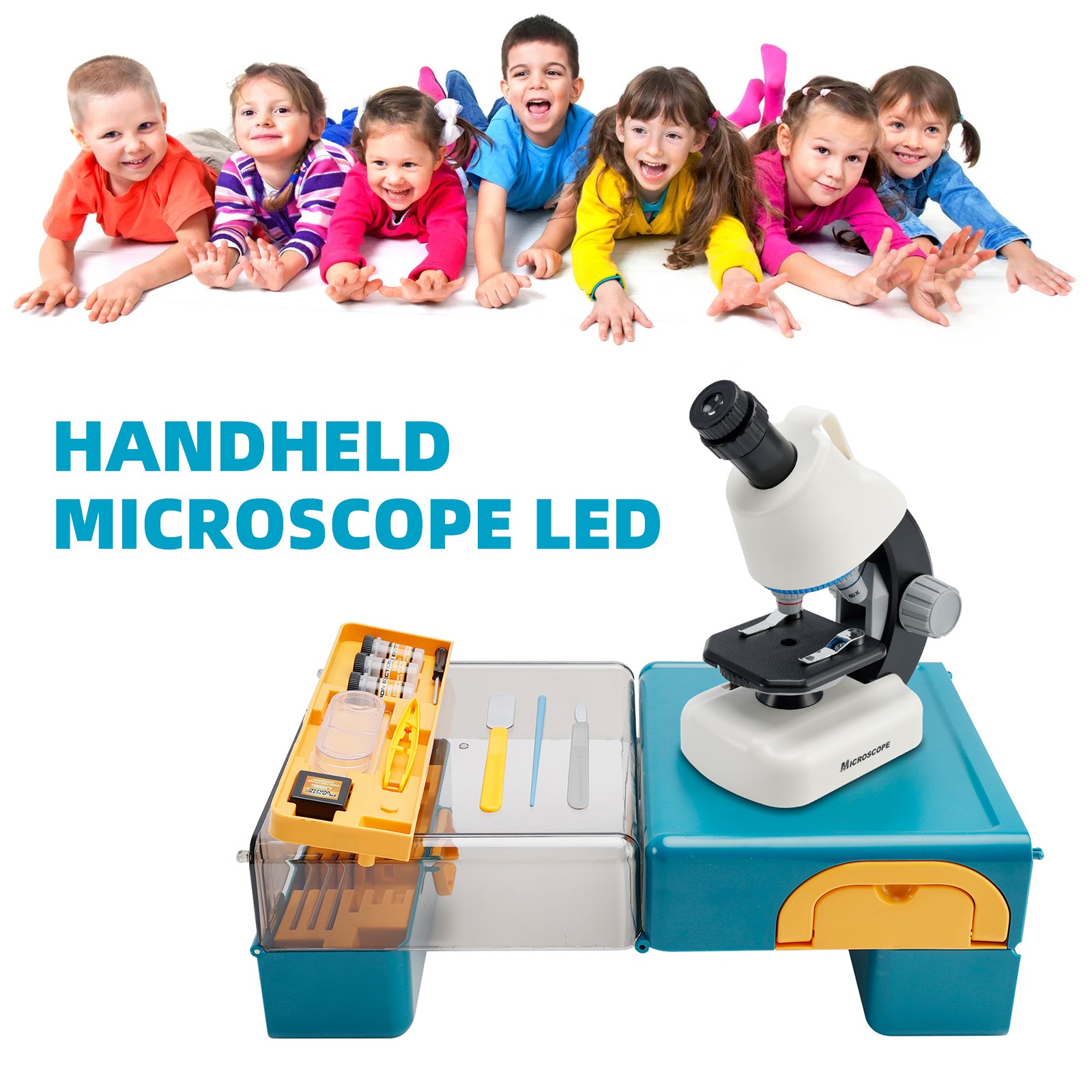 Handheld Microscope LED 100X-1200X Magnification Science Toys Kit For Kid White`
