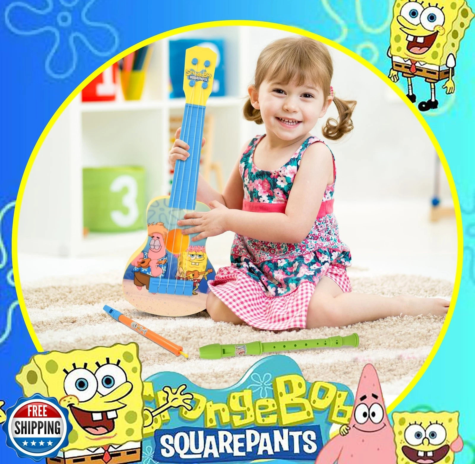 SpongeBob SquarePants 3 Piece Musical Band Toy Set for Kids Ukulele Flute Rec…
